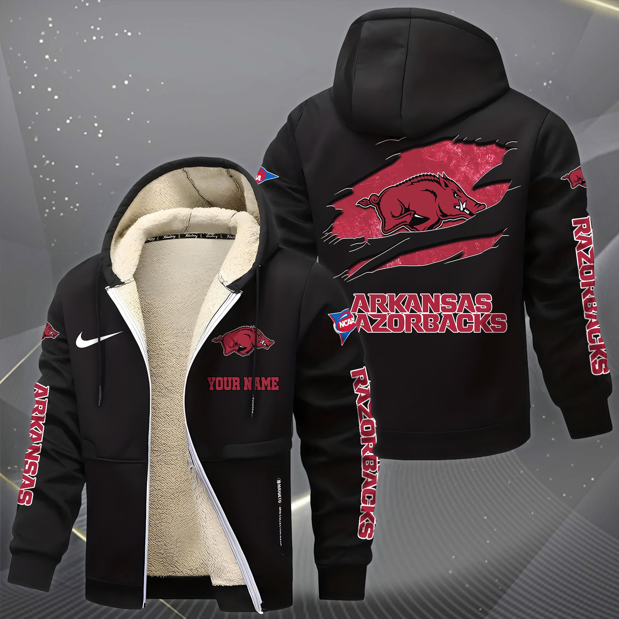 Alternative view of Arkansas Razorbacks Hoodie Zip Velvet Coat Custom Your Name, Sport Jacket, Gifts For Fan EHIVM-1231234