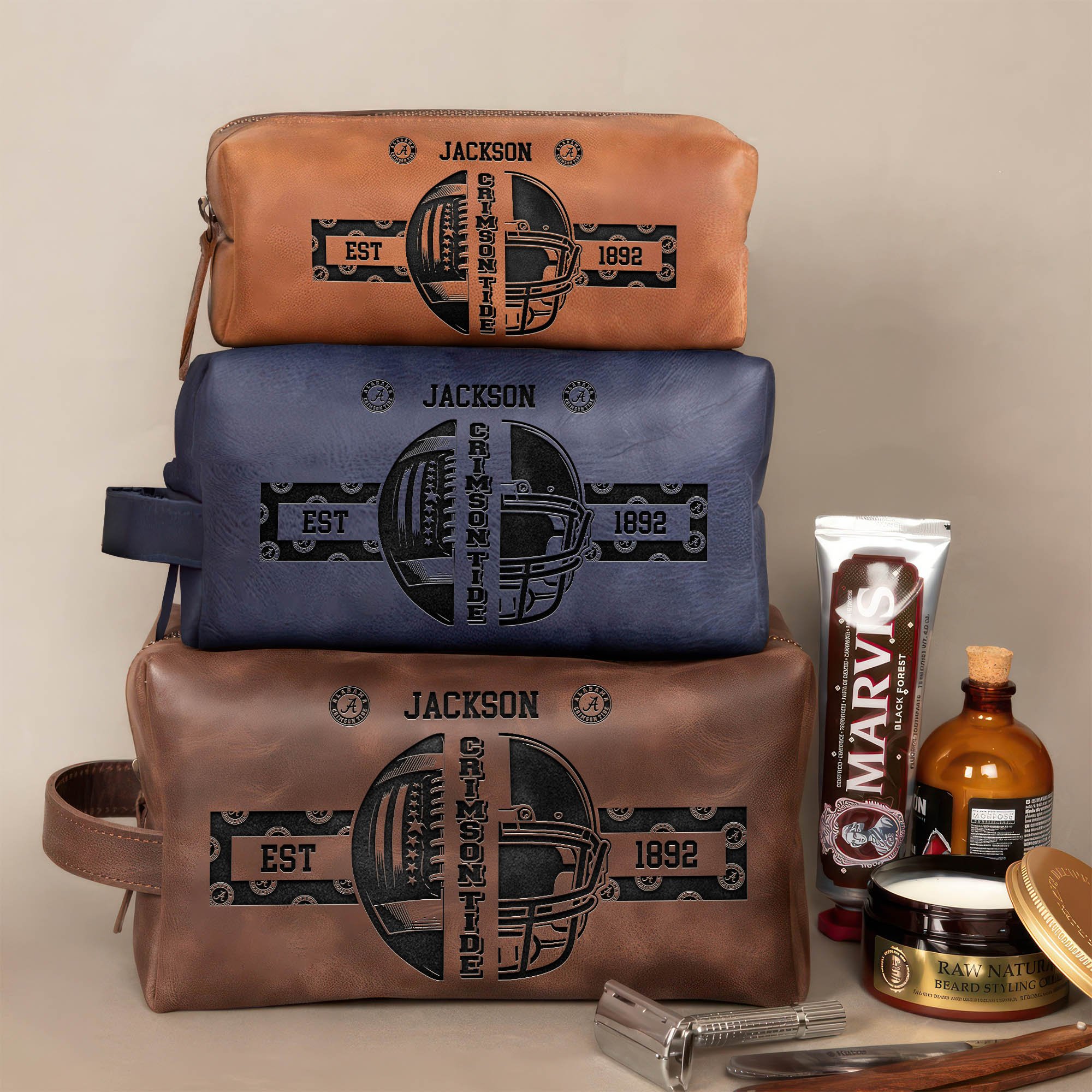 Alabama Crimson Tide Engraved Leather Dopp Kit Bag 2024 Version Personalized Your Name, Sport Gifts For Fans ETHY-0103297