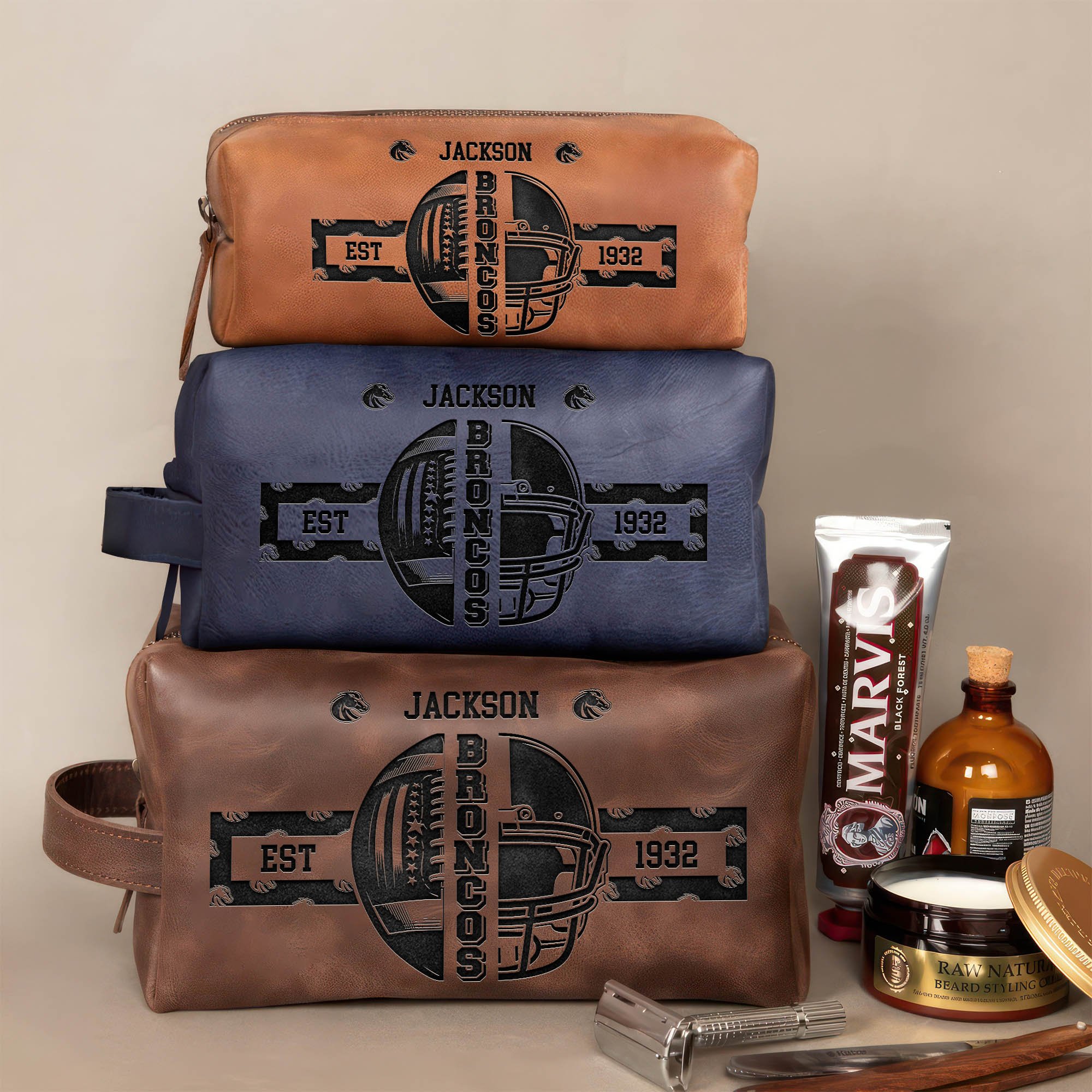 Boise State Broncos Engraved Leather Dopp Kit Bag 2024 Version Personalized Your Name, Sport Gifts For Fans ETHY-0103297