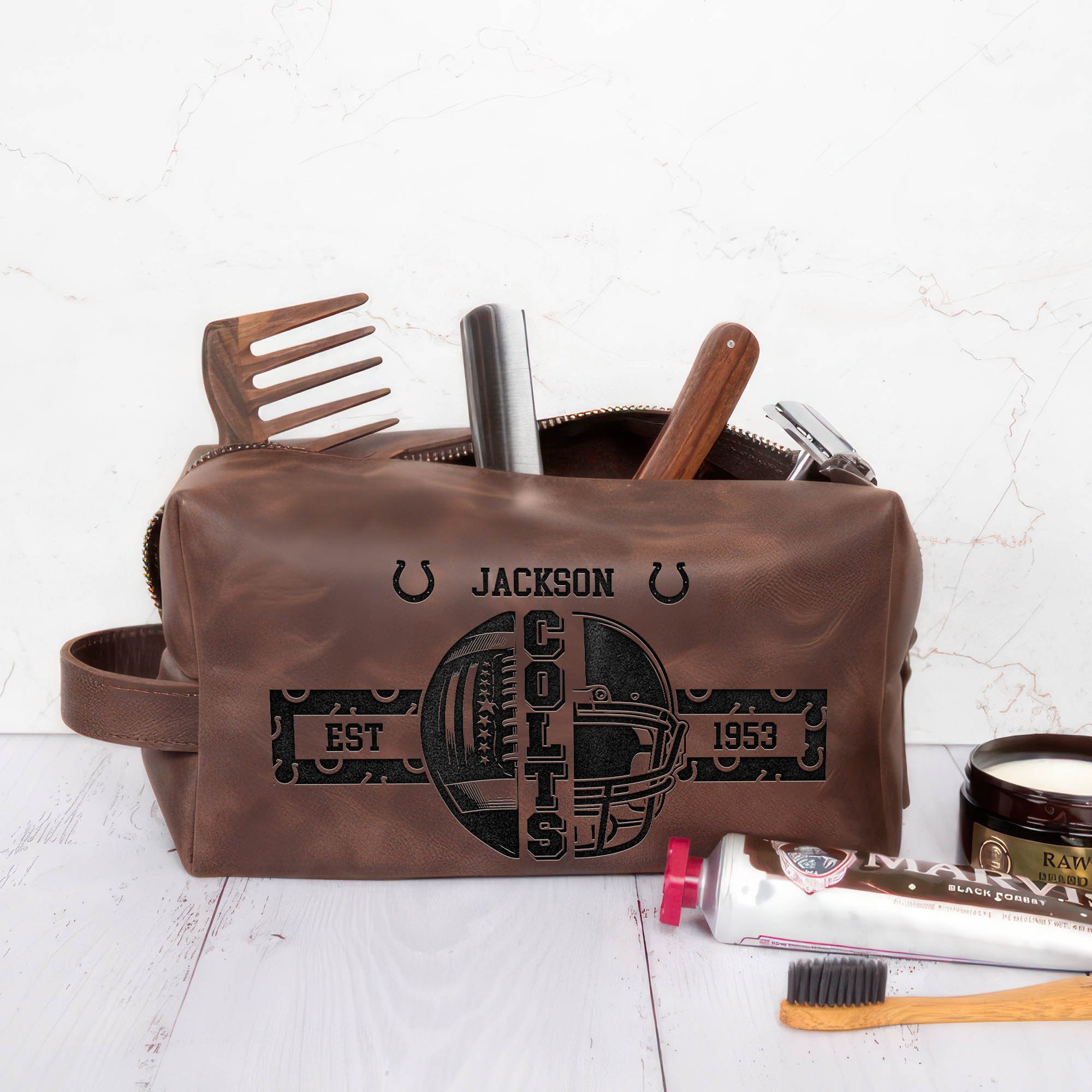 Alternative view of Indianapolis Colts Engraved Leather Dopp Kit Bag 2024 Version Personalized Your Name, Sport Gifts For Fans ETHY-0103297