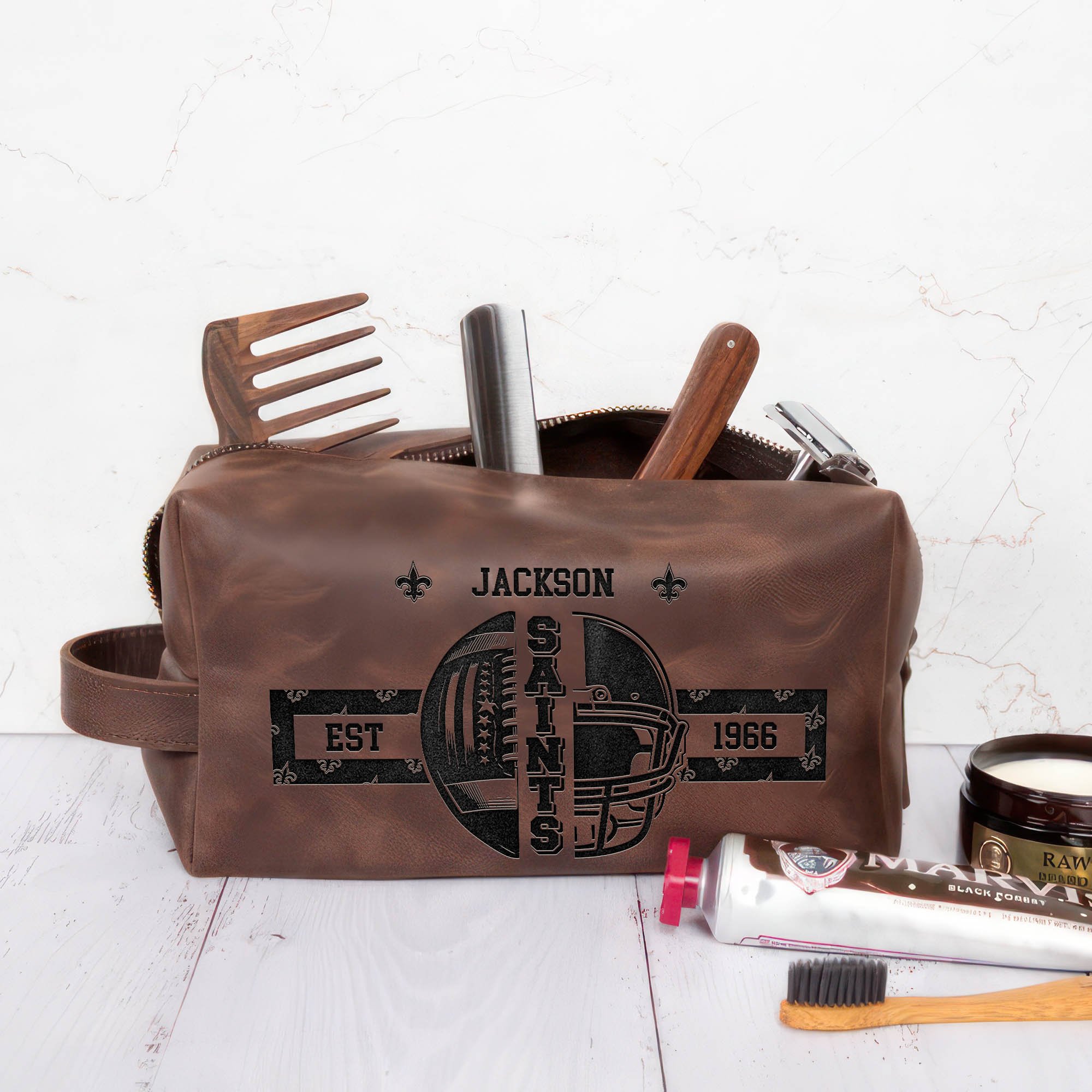 Alternative view of New Orleans Saints Engraved Leather Dopp Kit Bag 2024 Version Personalized Your Name, Sport Gifts For Fans ETHY-0103297