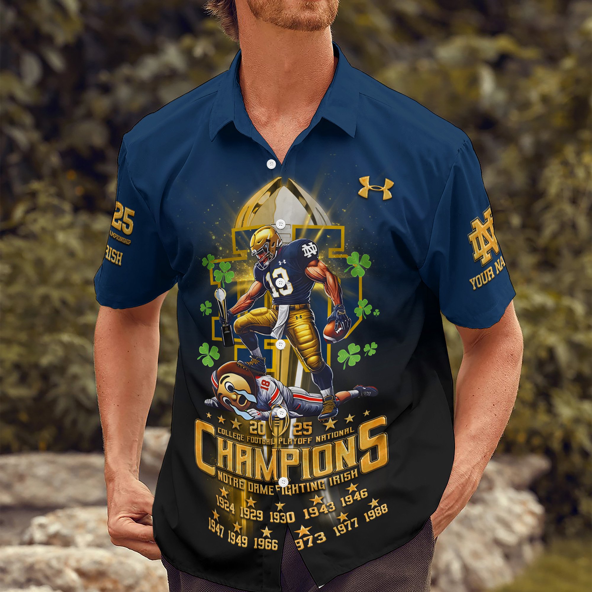 Alternative view of Notre Dame Fighting Irish Hawaii Shirt College Football Playoff National Champions 2024 - 2025 Shirt Personalized Your Name Gifts For Fans ETRG-0120577