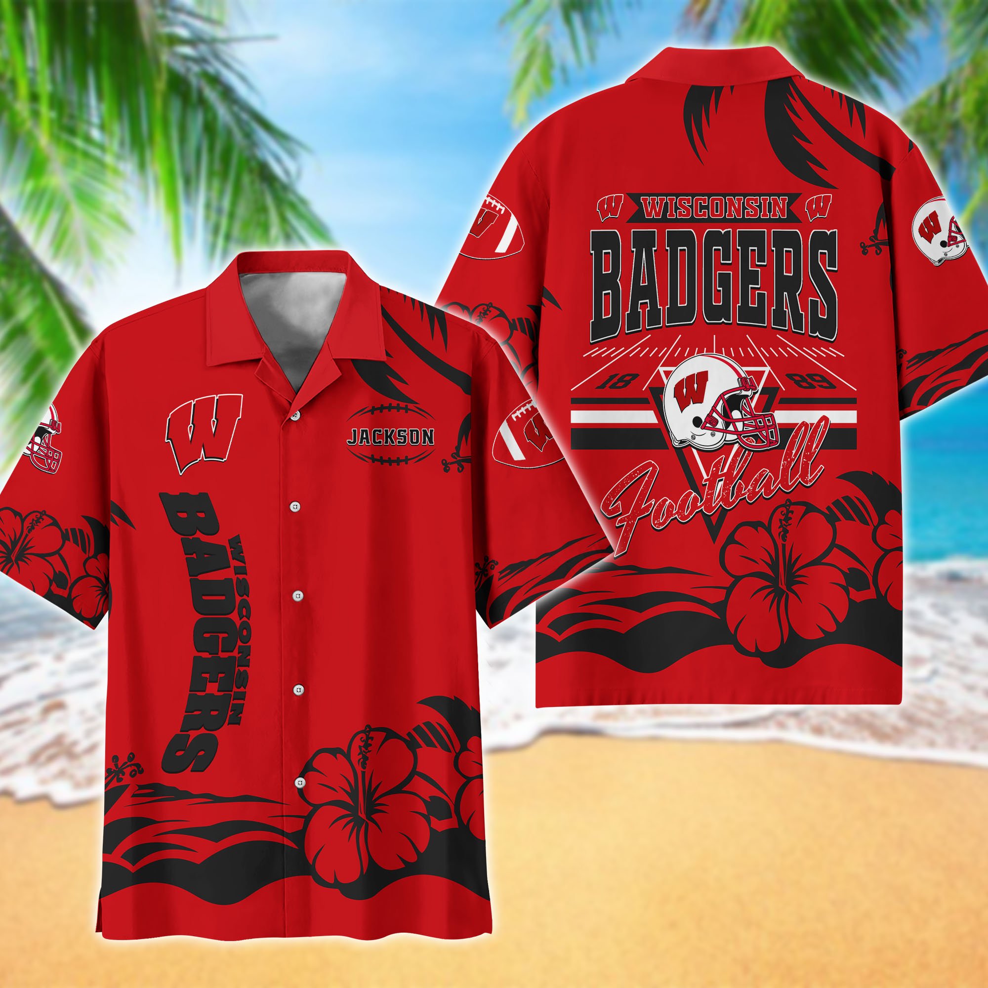 Wisconsin Badgers Hawaiian Shirt Personalized Your Name, Sports Gifts for Fans, Sport Team Hawaii Shirt, Sports Lover Gifts ETHY-0123650A