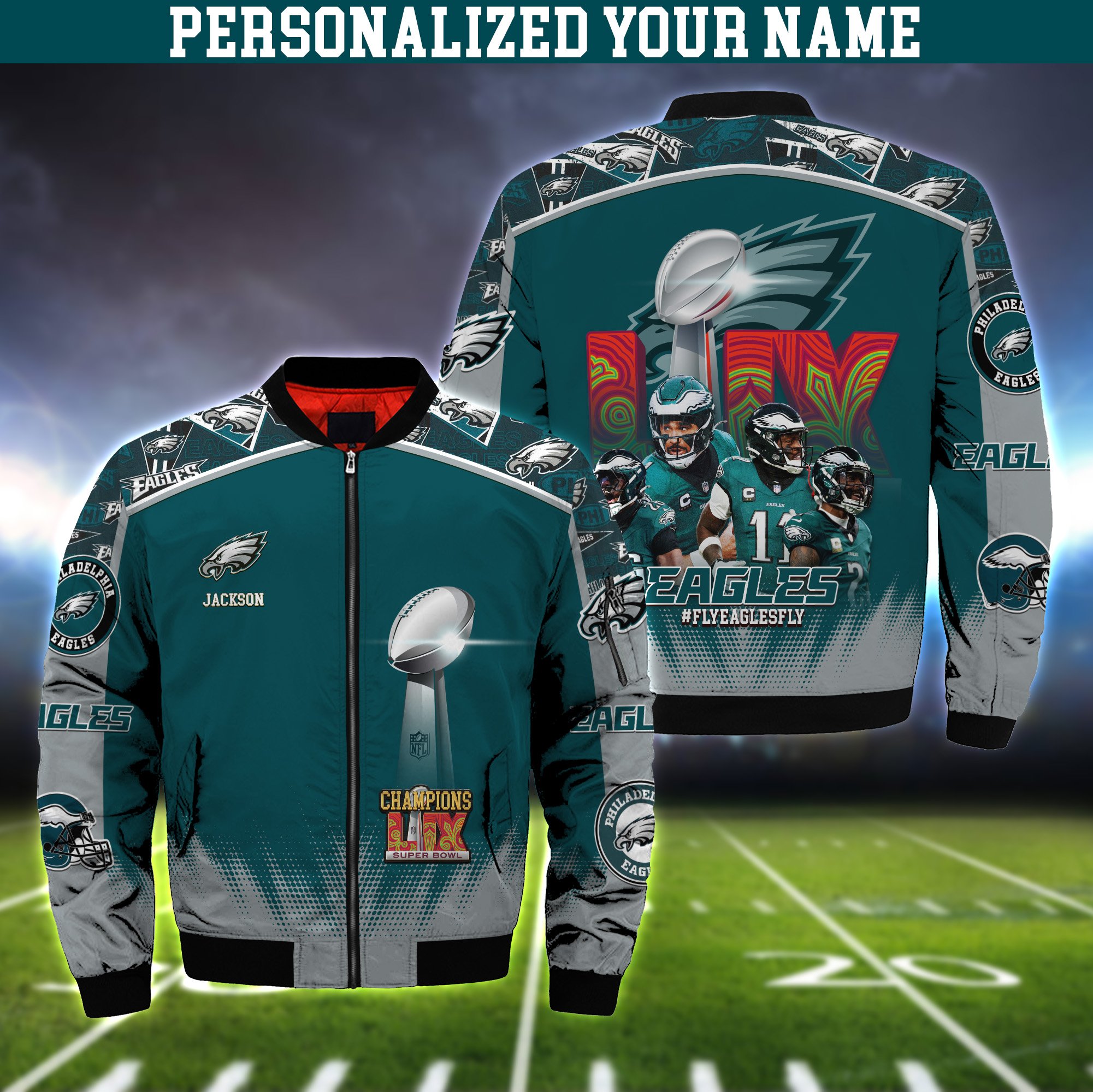 Philadelphia Eagles Champions Super Bowl  2025 Bomber Jacket Personalized Your Name, Sport Team Jacket For Fans, Sport Gifts ETHY-0205704