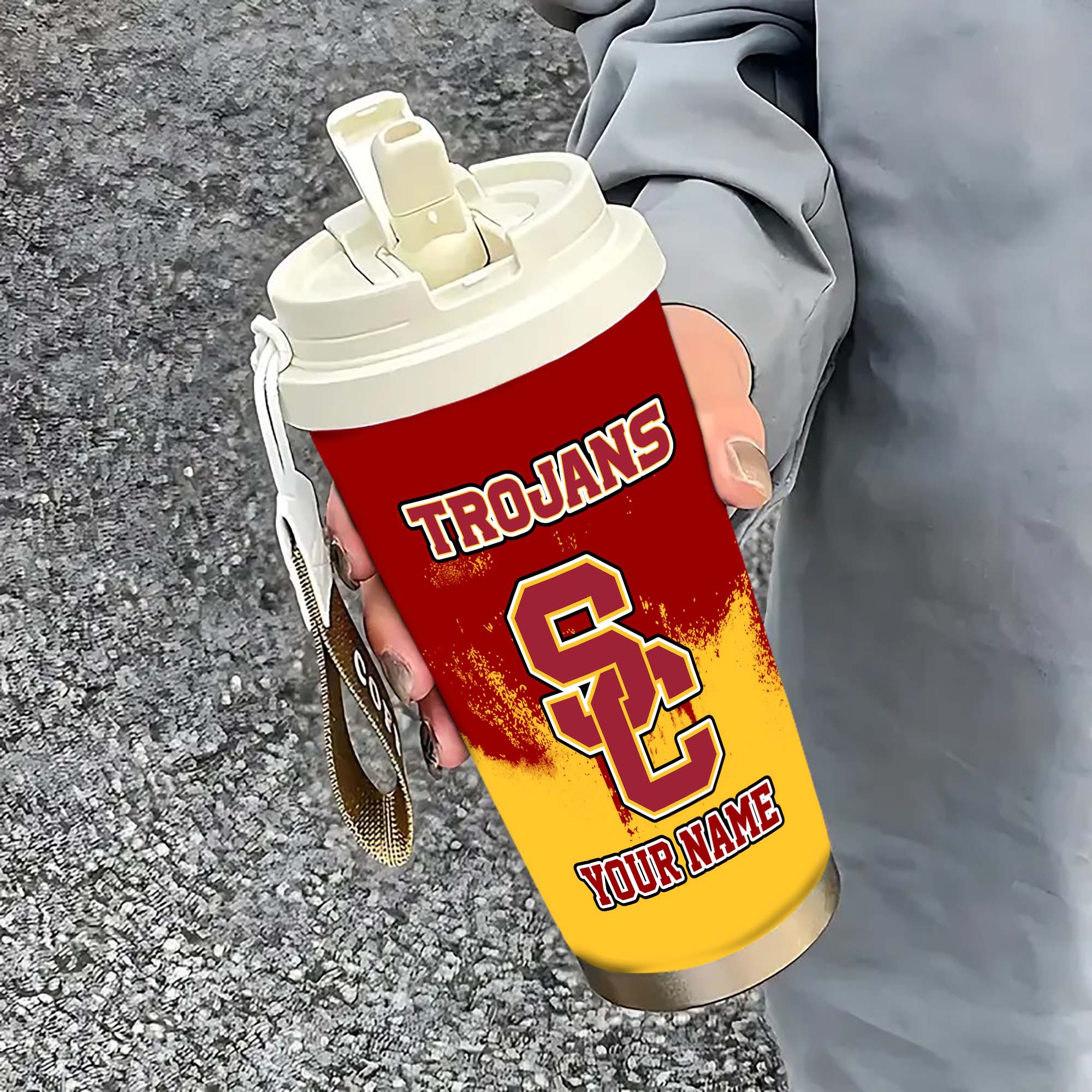 USC Trojans Insulated Coffee Mug with Straw and Lid, Portable Coffee Travel Mug for Car, Fan Gifts EHIVM-0211799