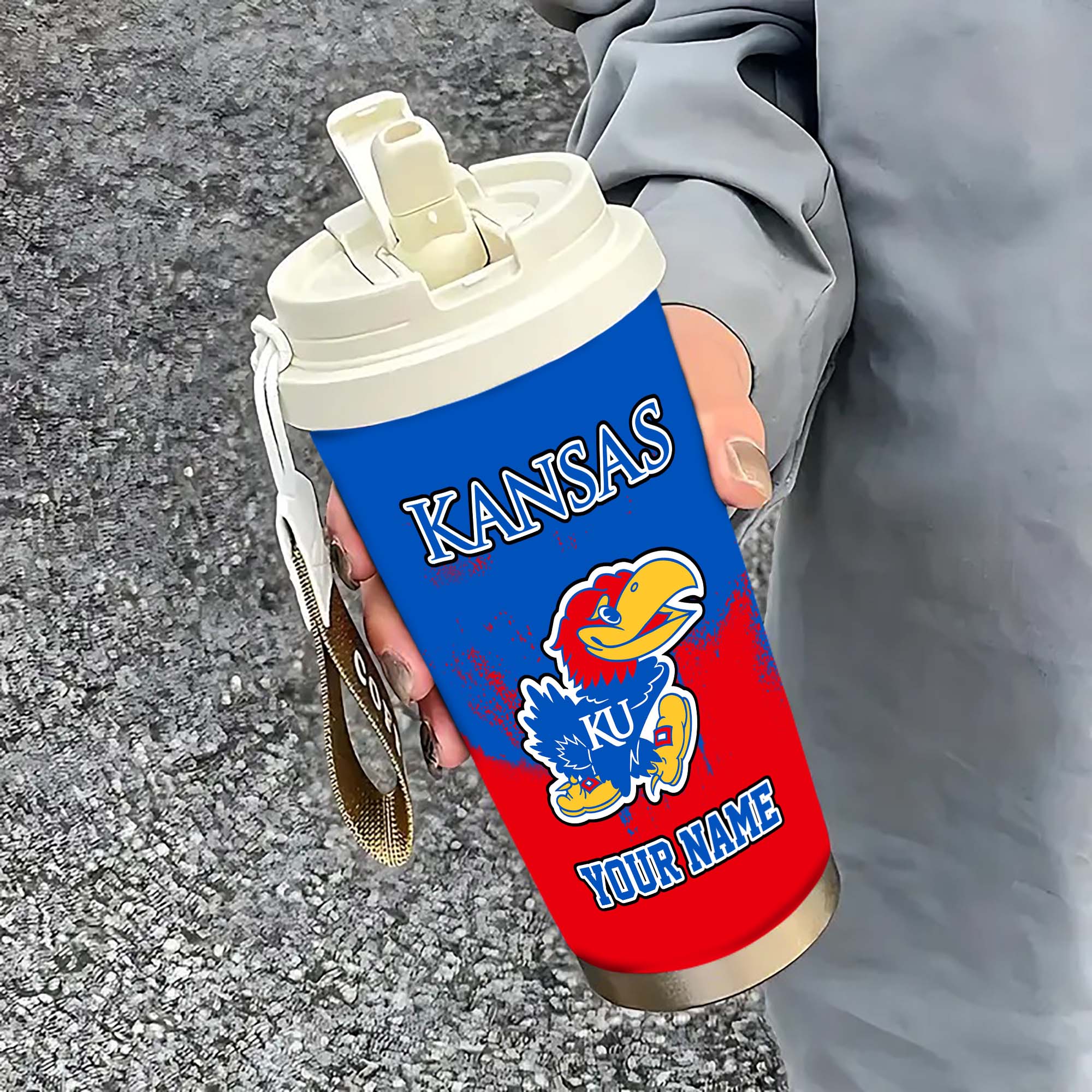 Kansas Jayhawks Insulated Coffee Mug with Straw and Lid, Portable Coffee Travel Mug for Car, Fan Gifts EHIVM-0211799