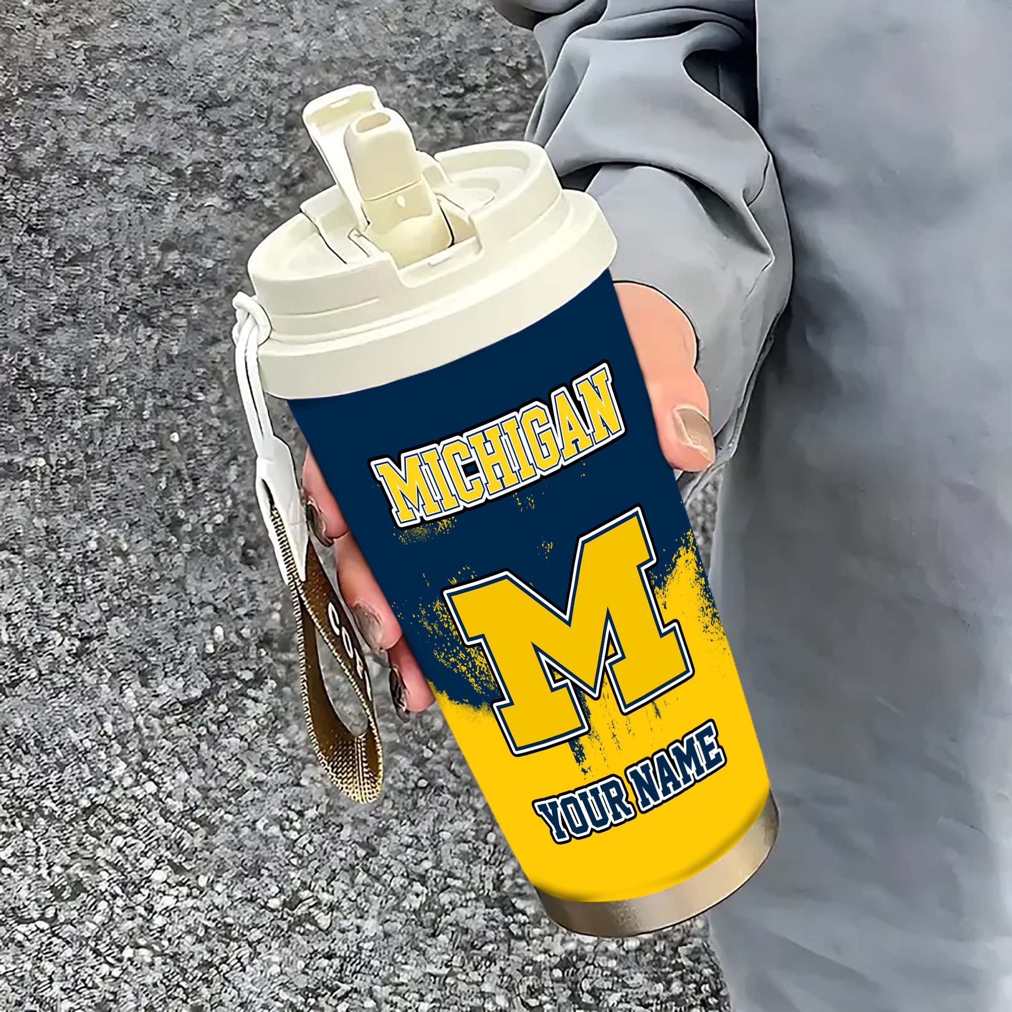 Michigan Wolverines Insulated Coffee Mug with Straw and Lid, Portable Coffee Travel Mug for Car, Fan Gifts EHIVM-0211799