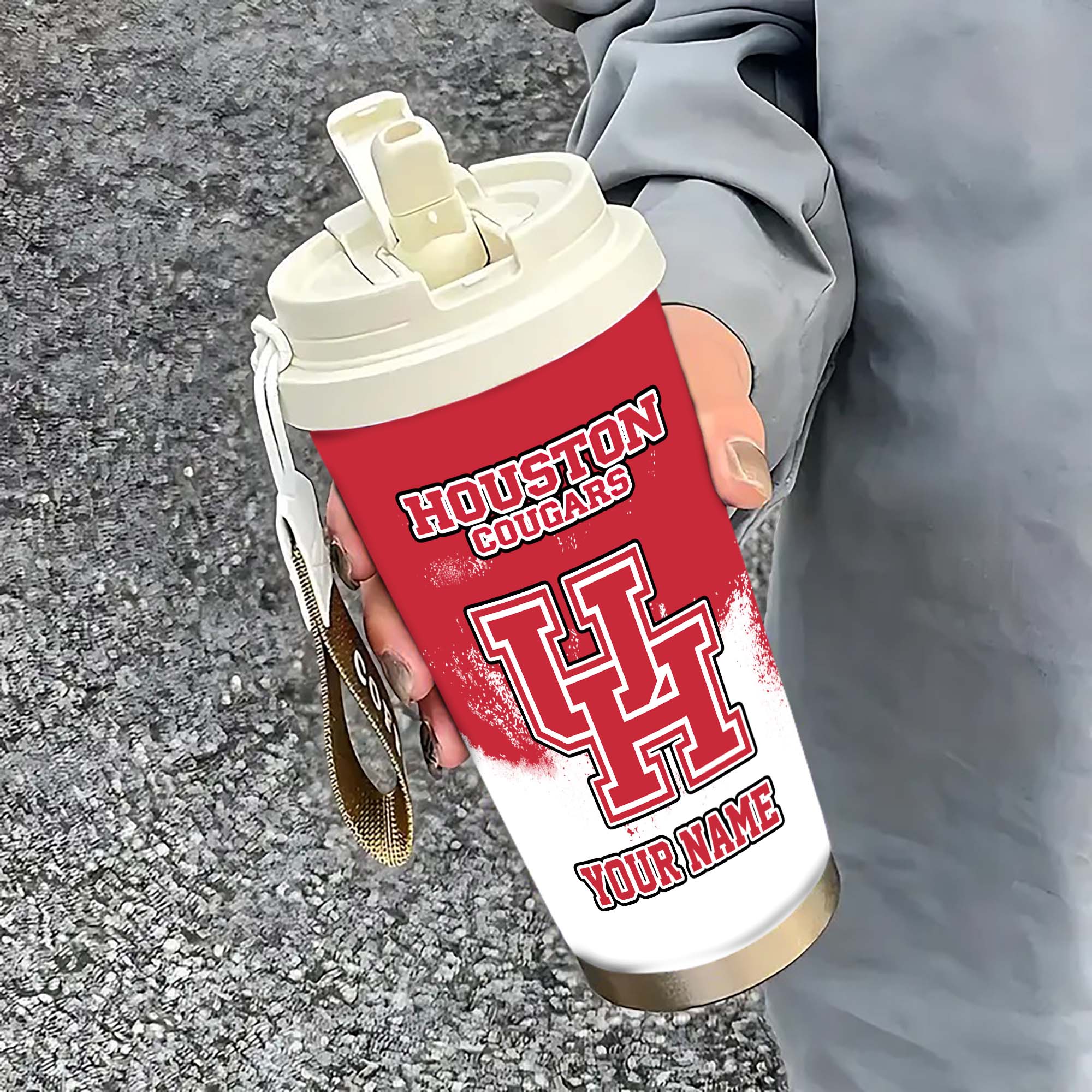 Houston Cougars Insulated Coffee Mug with Straw and Lid, Portable Coffee Travel Mug for Car, Fan Gifts EHIVM-0211799