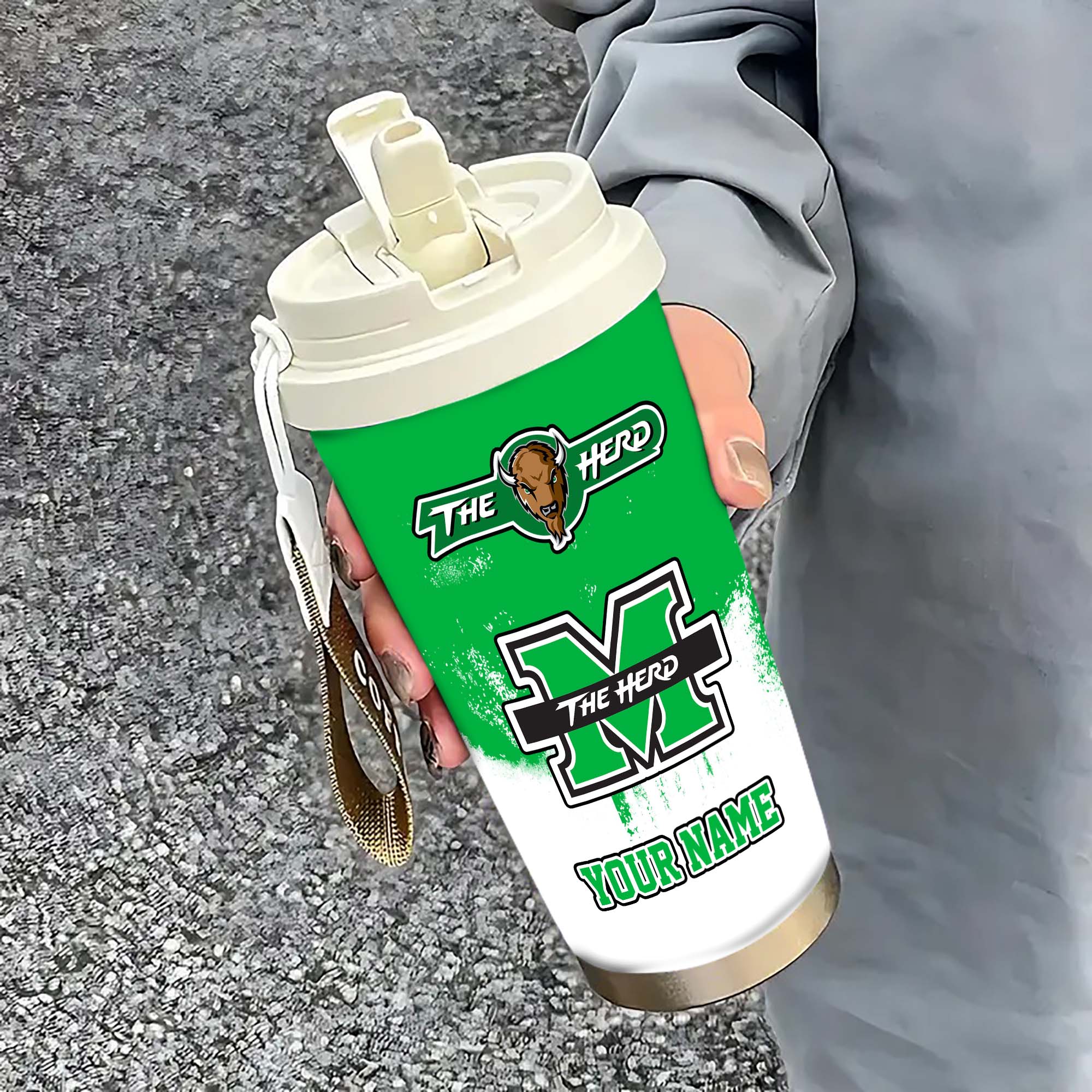 Marshall Thundering Herd Insulated Coffee Mug with Straw and Lid, Portable Coffee Travel Mug for Car, Fan Gifts EHIVM-0211799