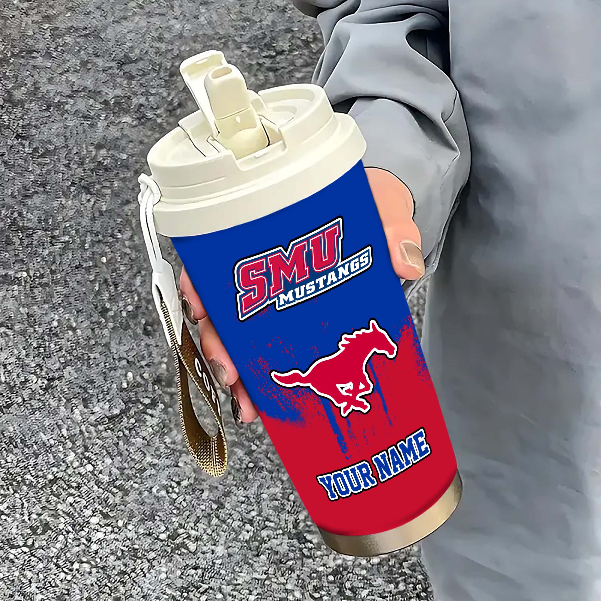SMU Mustangs Insulated Coffee Mug with Straw and Lid, Portable Coffee Travel Mug for Car, Fan Gifts EHIVM-0211799