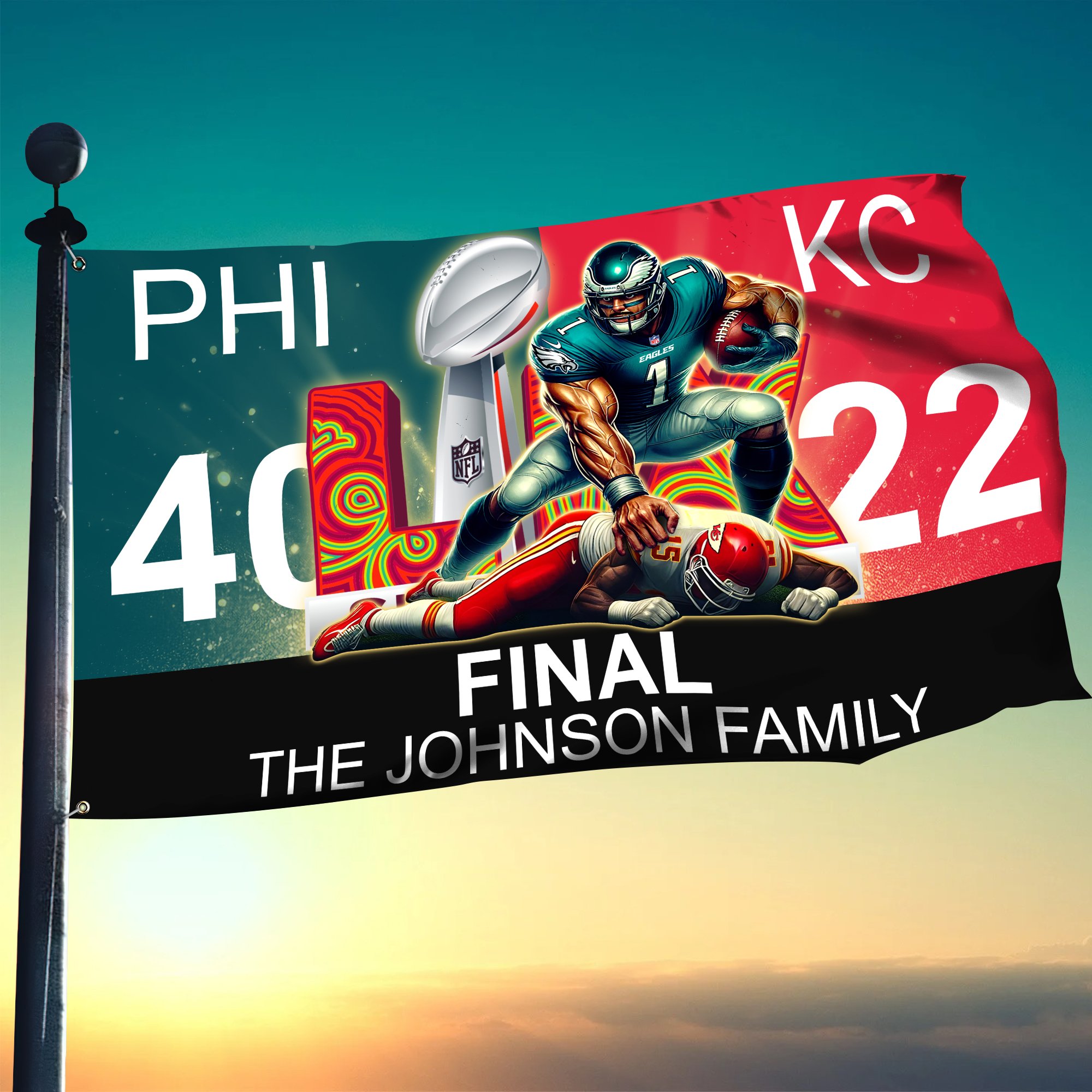 Philadelphia Eagles 40-22 Chiefs Champions Super Bowl LIX Flag 3x5ft Custom Family Name, Gifts For Eagles Fan ETRG-0204670