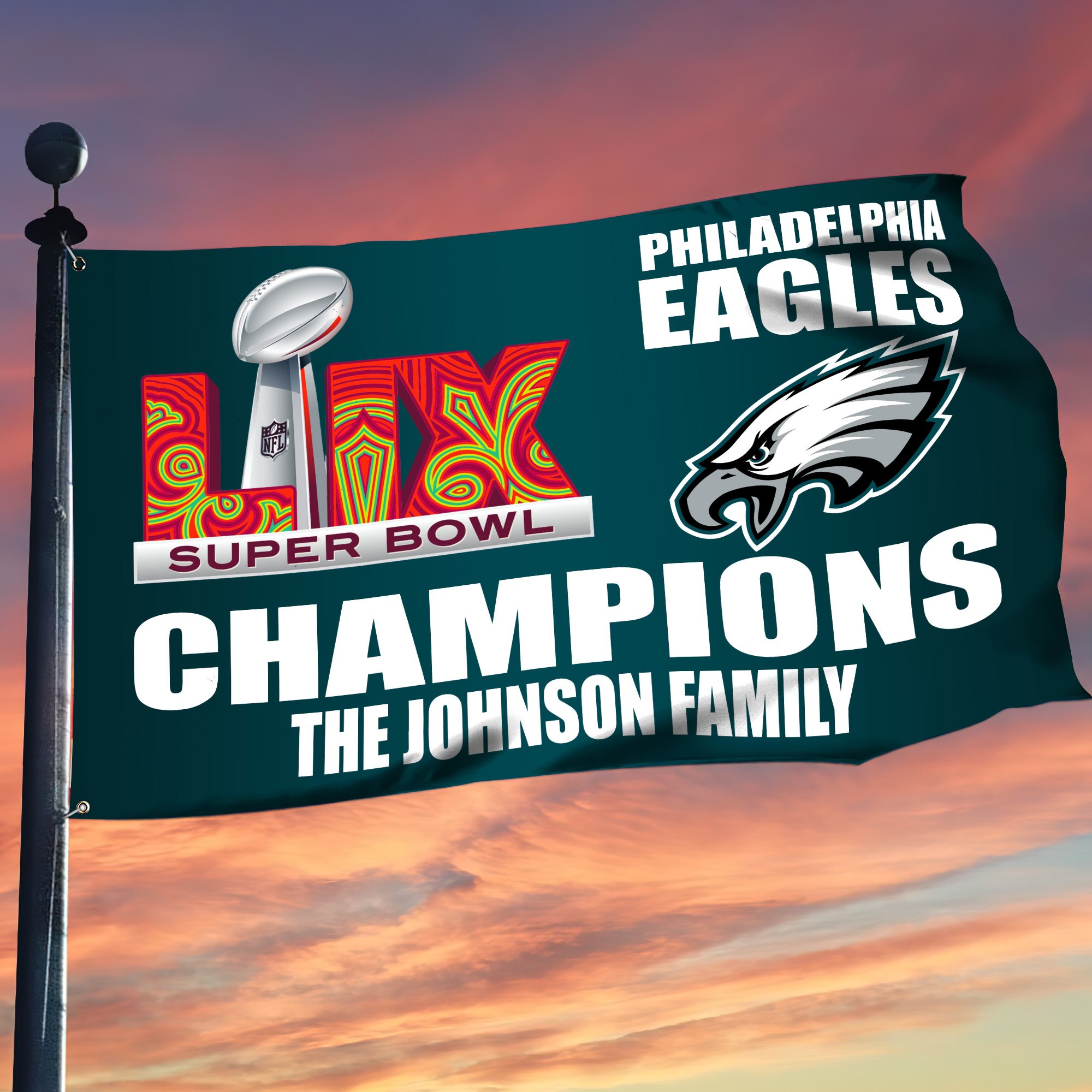Alternative view of Philadelphia Eagles Philadelphia Eagles Champions Super Bowl 2025 Flag 3x5ft Custom Family Name, Gifts For Eagles Fan, Eagles Gifts, Fan Gifts ETRG-0218942