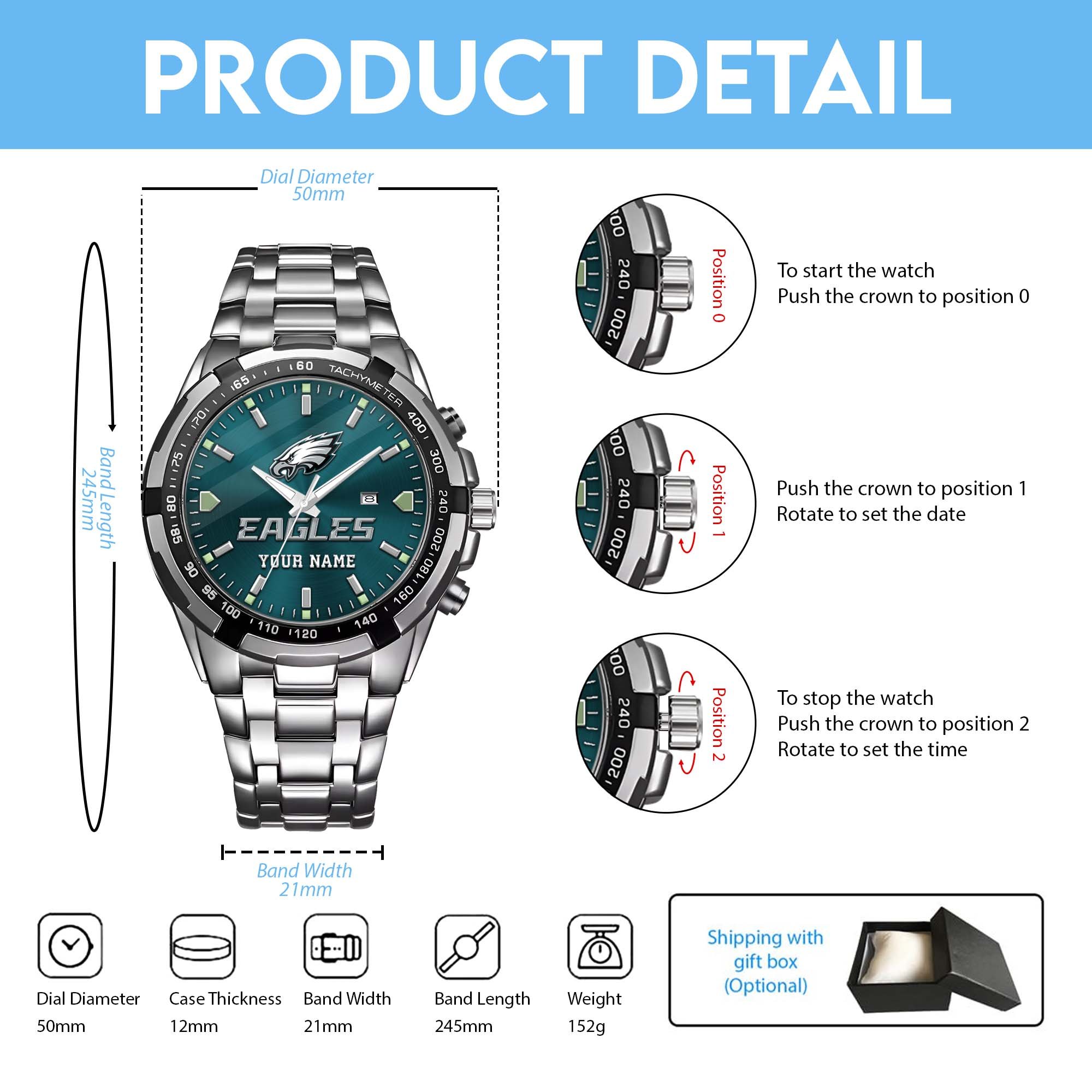 Philadelphia Eagles Alloy Men Quartz Watch Custom Your Name, Sport Men Watch, FootBall Fan Gifts EHIVM-0213860 - Image 4