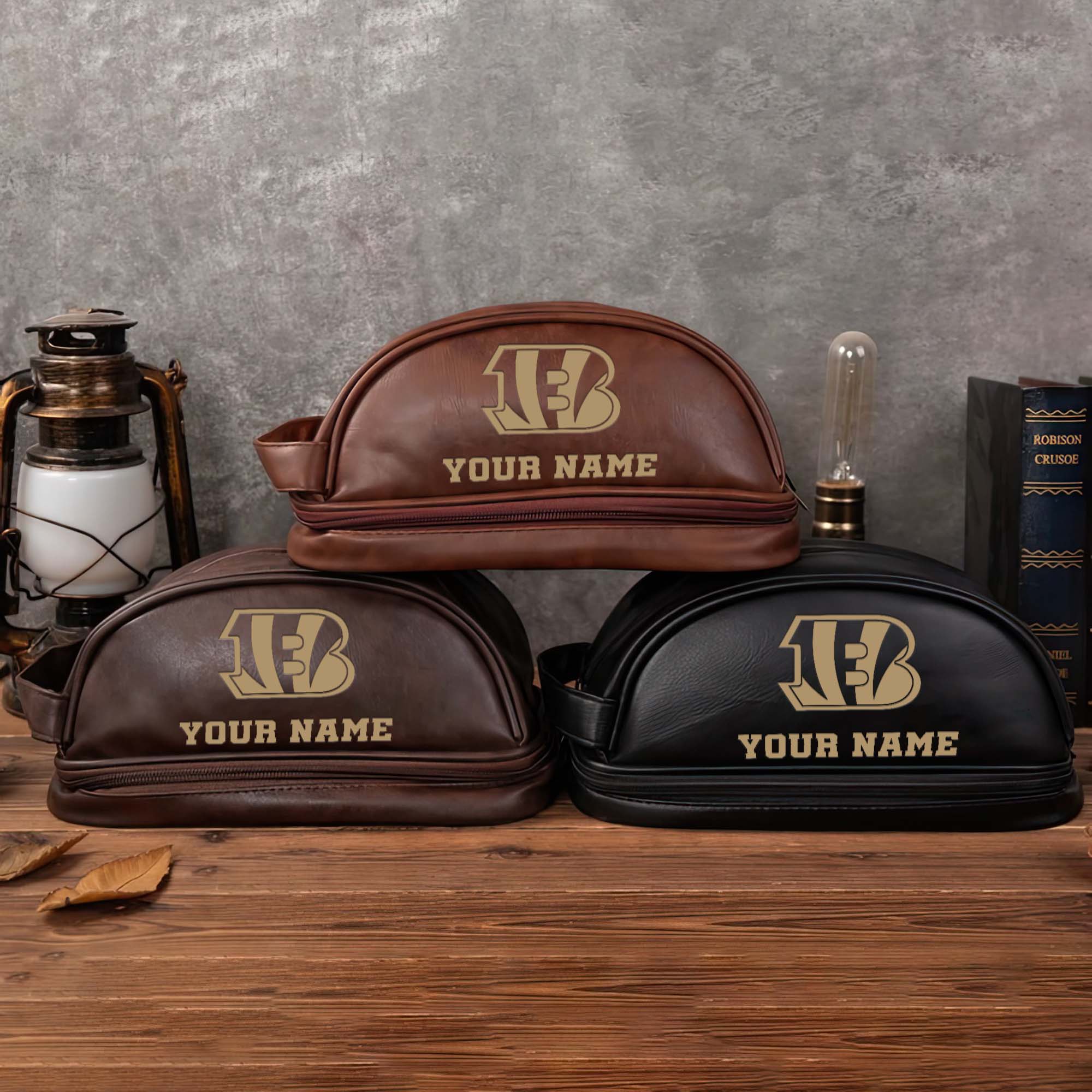 Cincinnati Bengals Men's Leather Toiletry Bag, Engraved Leather Dopp Kit Bag, Football Fan Gifts EHIVM-0218931
