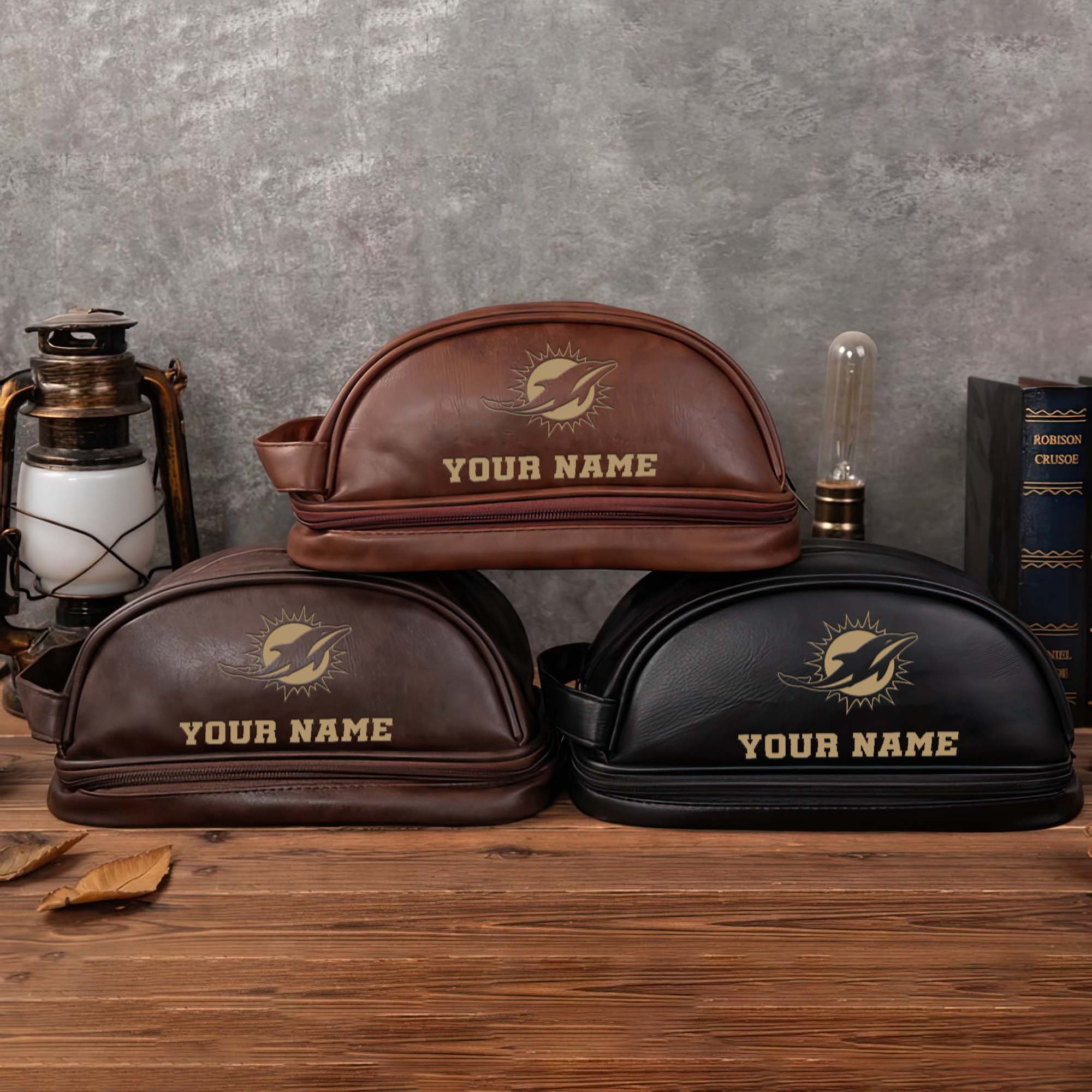 Miami Dolphins Men's Leather Toiletry Bag, Engraved Leather Dopp Kit Bag, Football Fan Gifts EHIVM-0218931