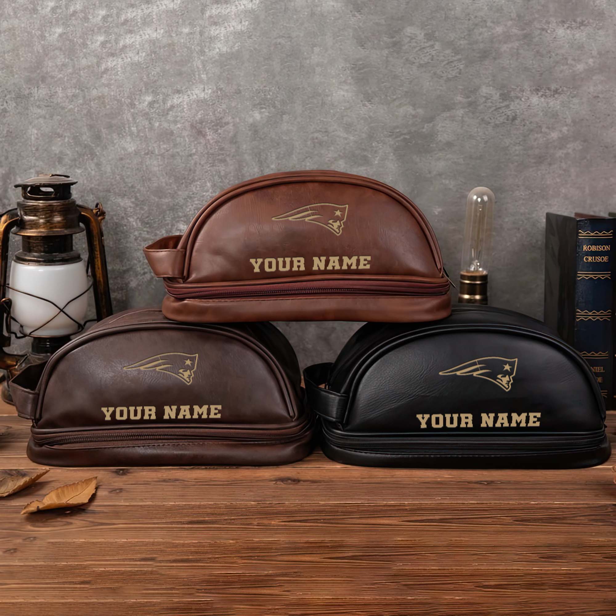 New England Patriots Men's Leather Toiletry Bag, Engraved Leather Dopp Kit Bag, Football Fan Gifts EHIVM-0218931