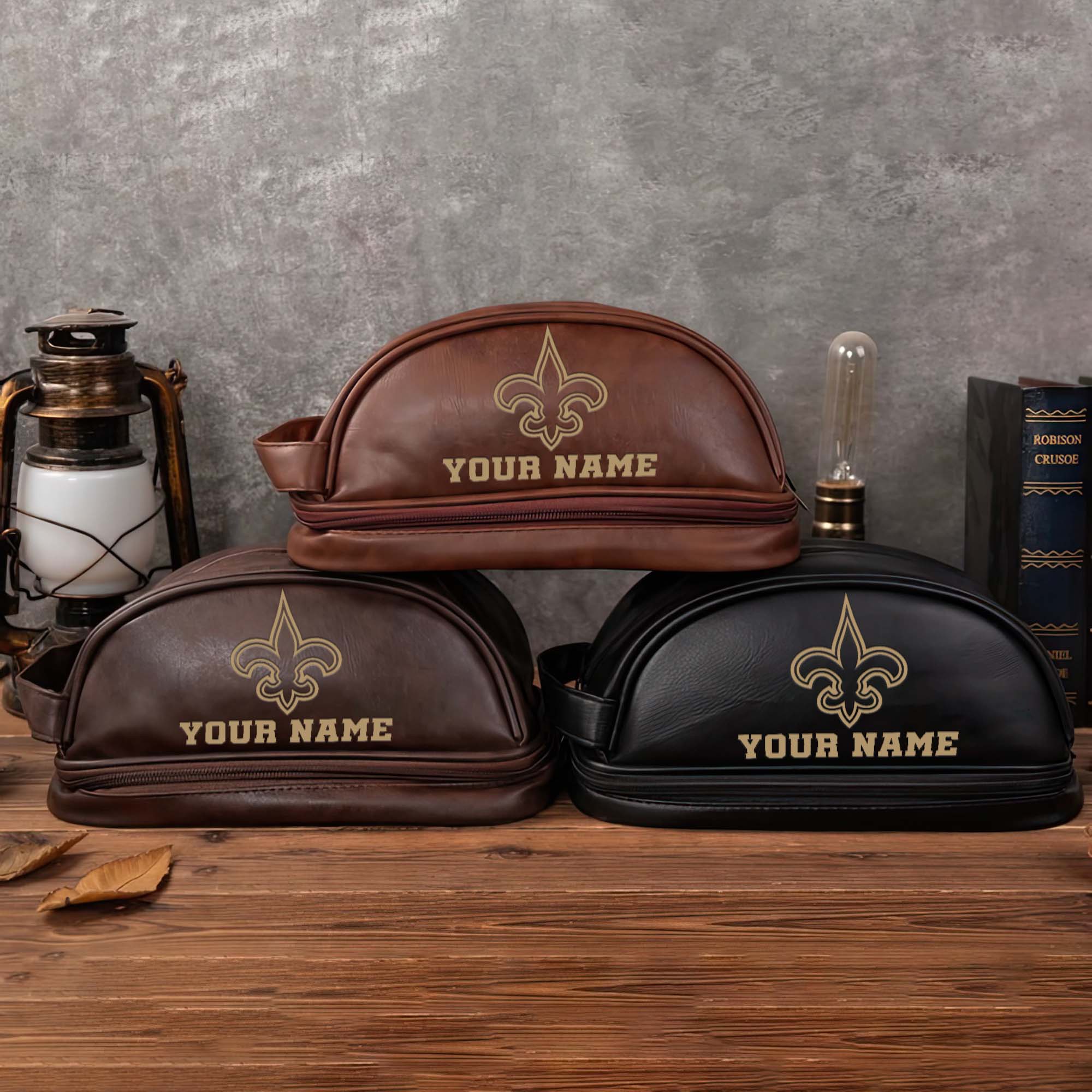 New Orleans Saints Men's Leather Toiletry Bag, Engraved Leather Dopp Kit Bag, Football Fan Gifts EHIVM-0218931