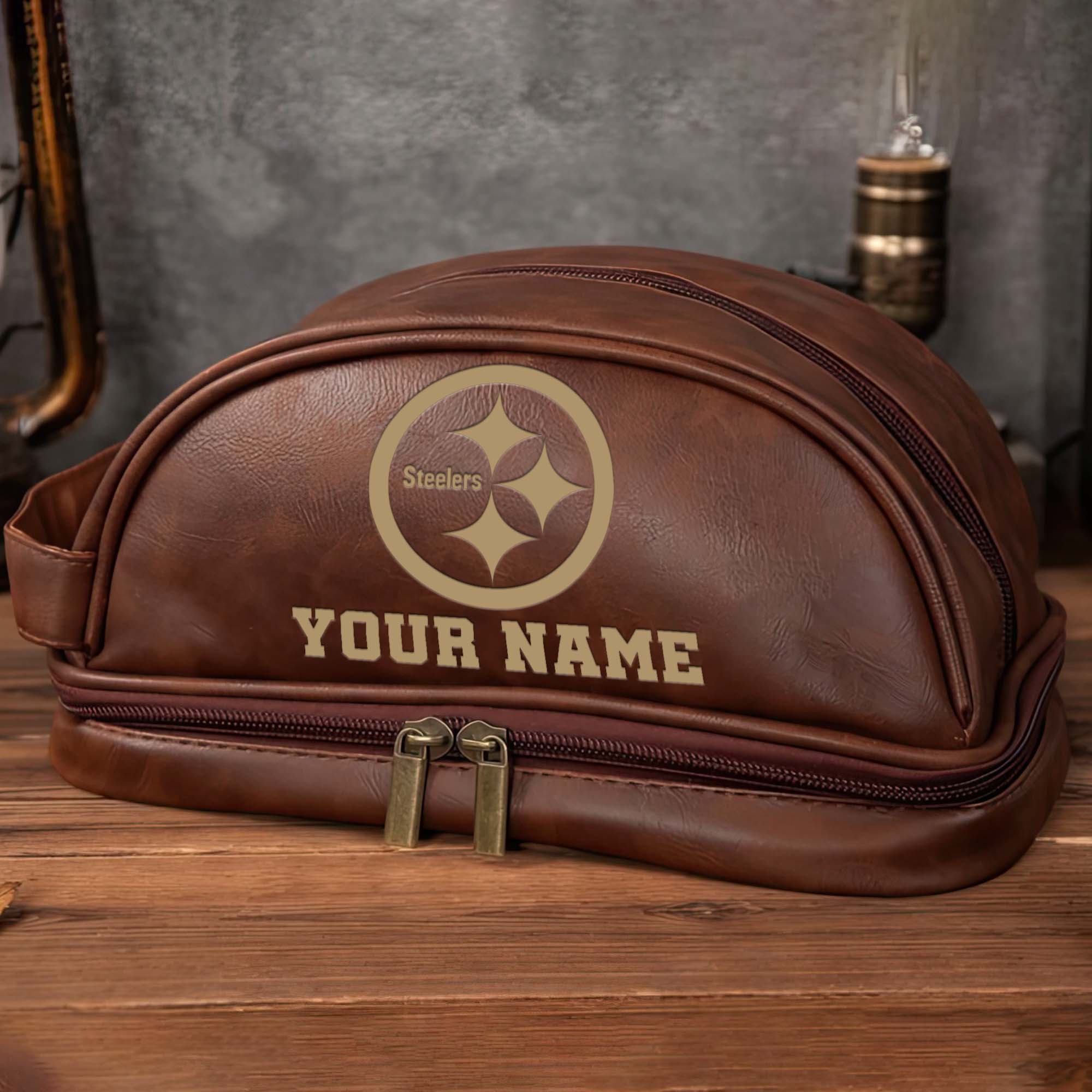 Alternative view of Pittsburgh Steelers Men's Leather Toiletry Bag, Engraved Leather Dopp Kit Bag, Football Fan Gifts EHIVM-0218931