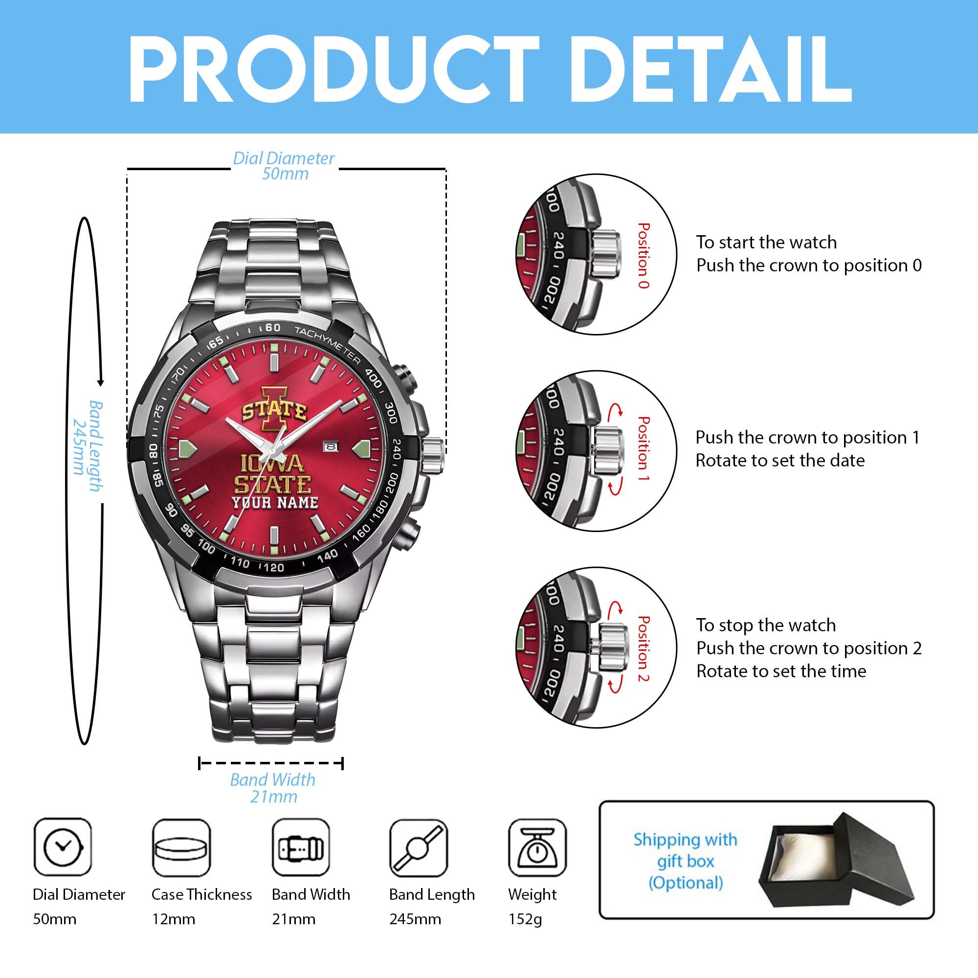 Iowa State Cyclones Alloy Men Quartz Watch Custom Your Name, Sport Men Watch, FootBall Fan Gifts EHIVM-02261048 - Image 4
