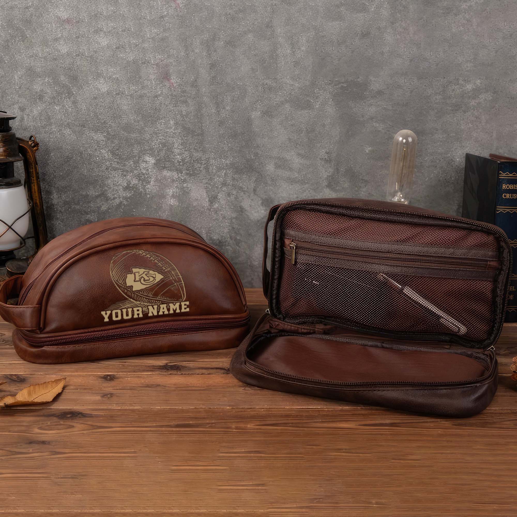 Kansas City Chiefs Men's Leather Toiletry Bag, Engraved Leather Dopp Kit Bag, Football Fan Gifts EHIVM-02281101 - Image 4