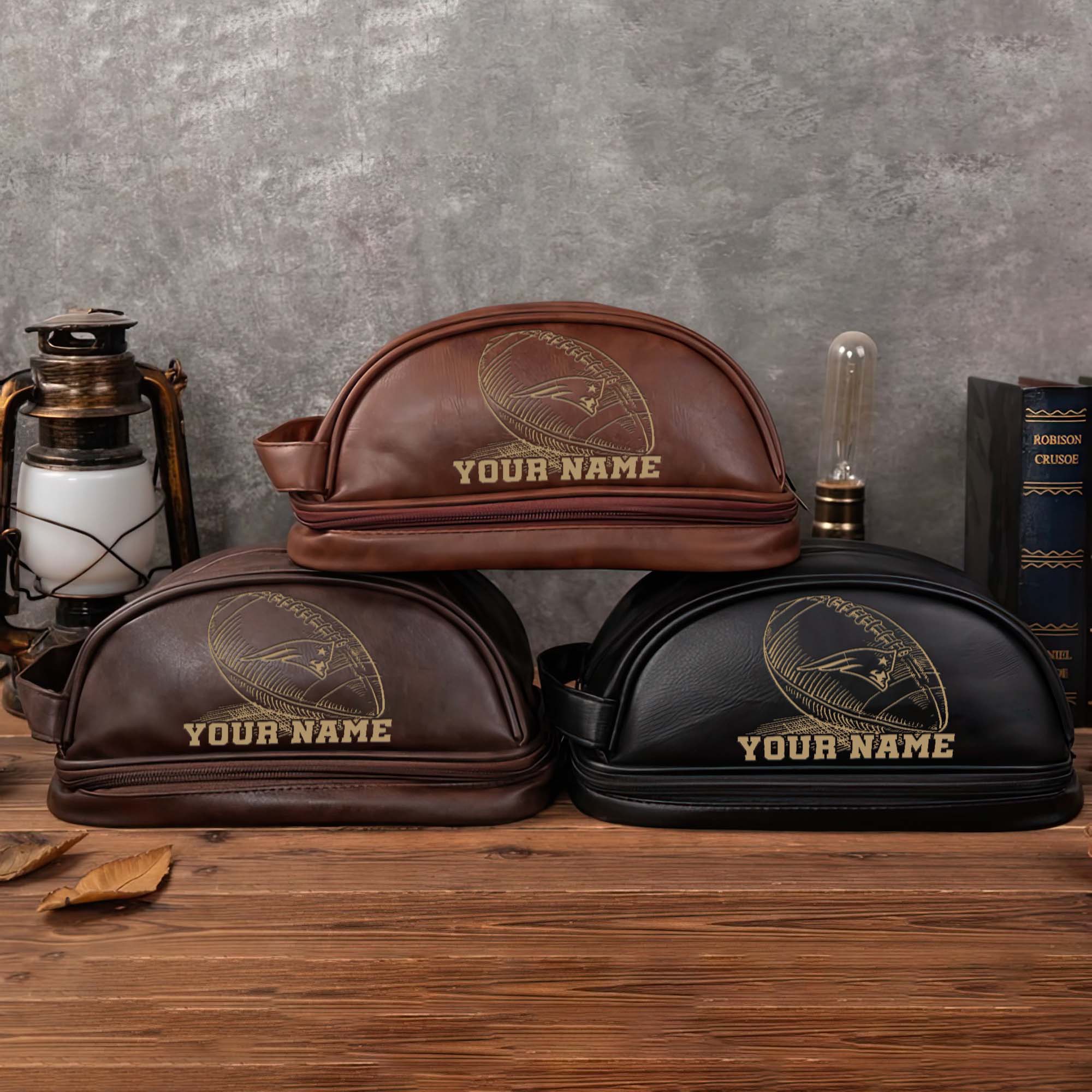New England Patriots Men's Leather Toiletry Bag, Engraved Leather Dopp Kit Bag, Football Fan Gifts EHIVM-02281101