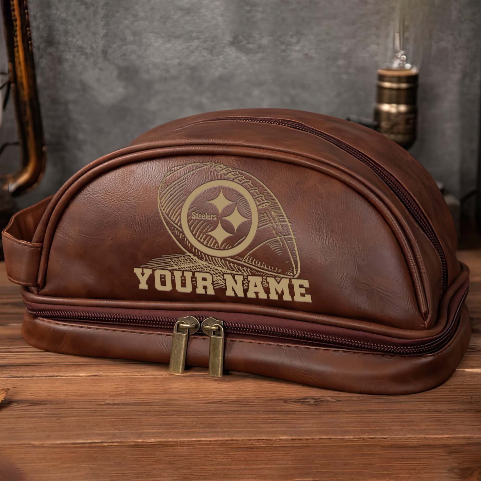 Alternative view of Pittsburgh Steelers Men's Leather Toiletry Bag, Engraved Leather Dopp Kit Bag, Football Fan Gifts EHIVM-02281101