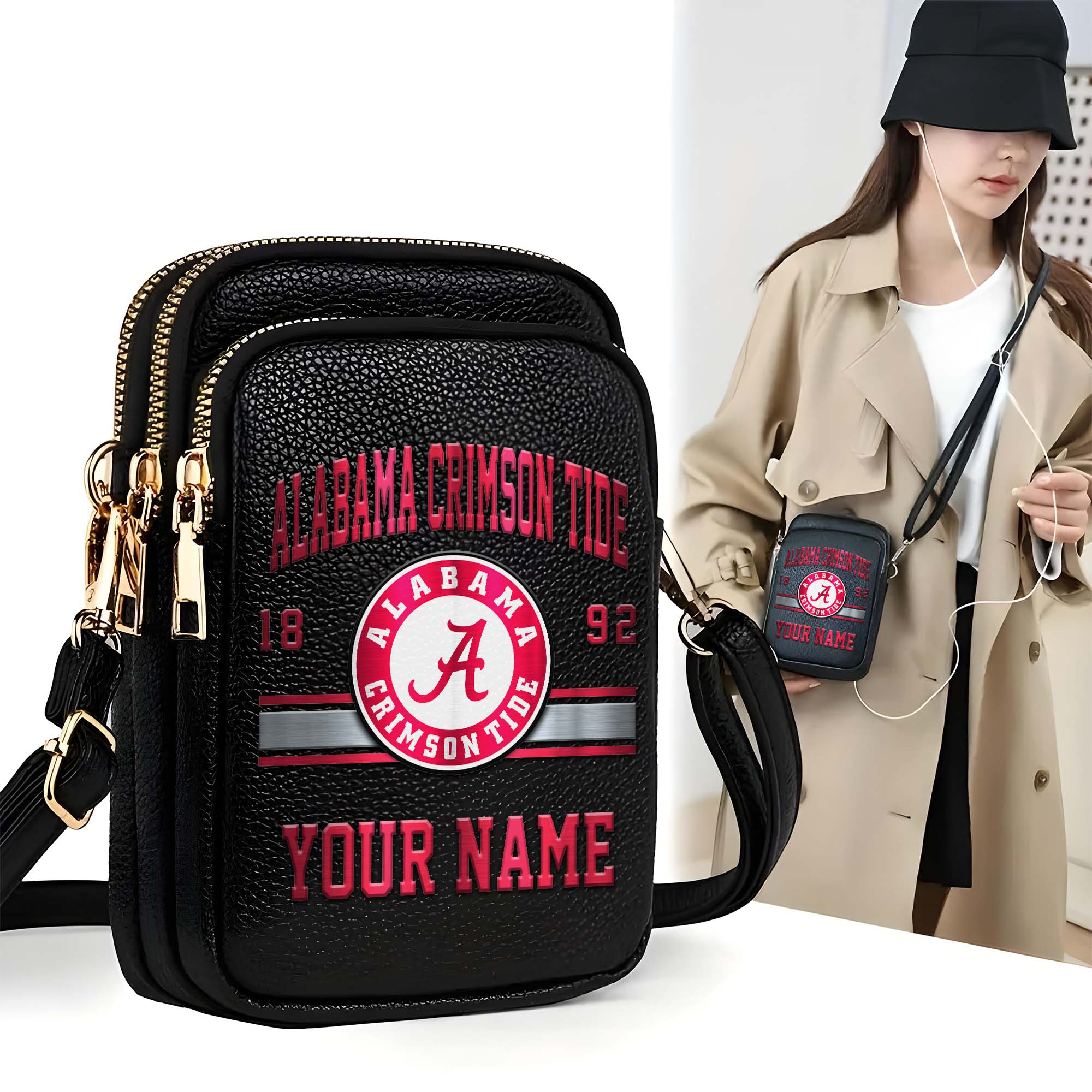 Alabama Crimson Tide Customized Women's Mobile Phone Bag with Your Name, Leather Crossbody Bag, Fan Gifts EHIVM-0206714A