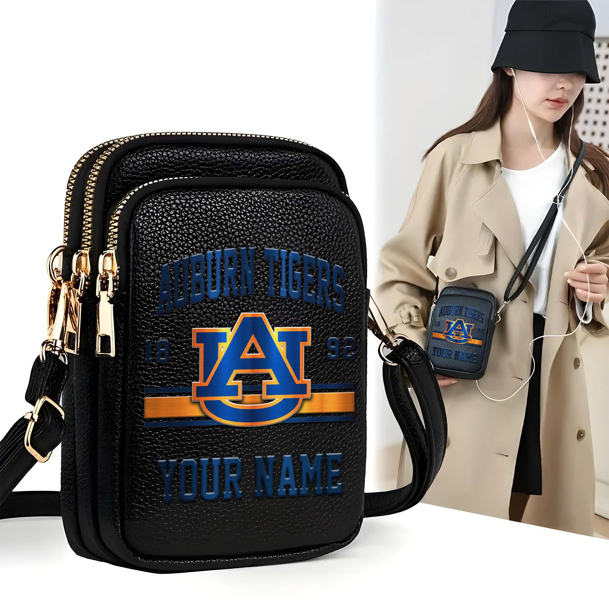 Auburn Tigers Customized Women's Mobile Phone Bag with Your Name, Leather Crossbody Bag, Fan Gifts EHIVM-0206714A