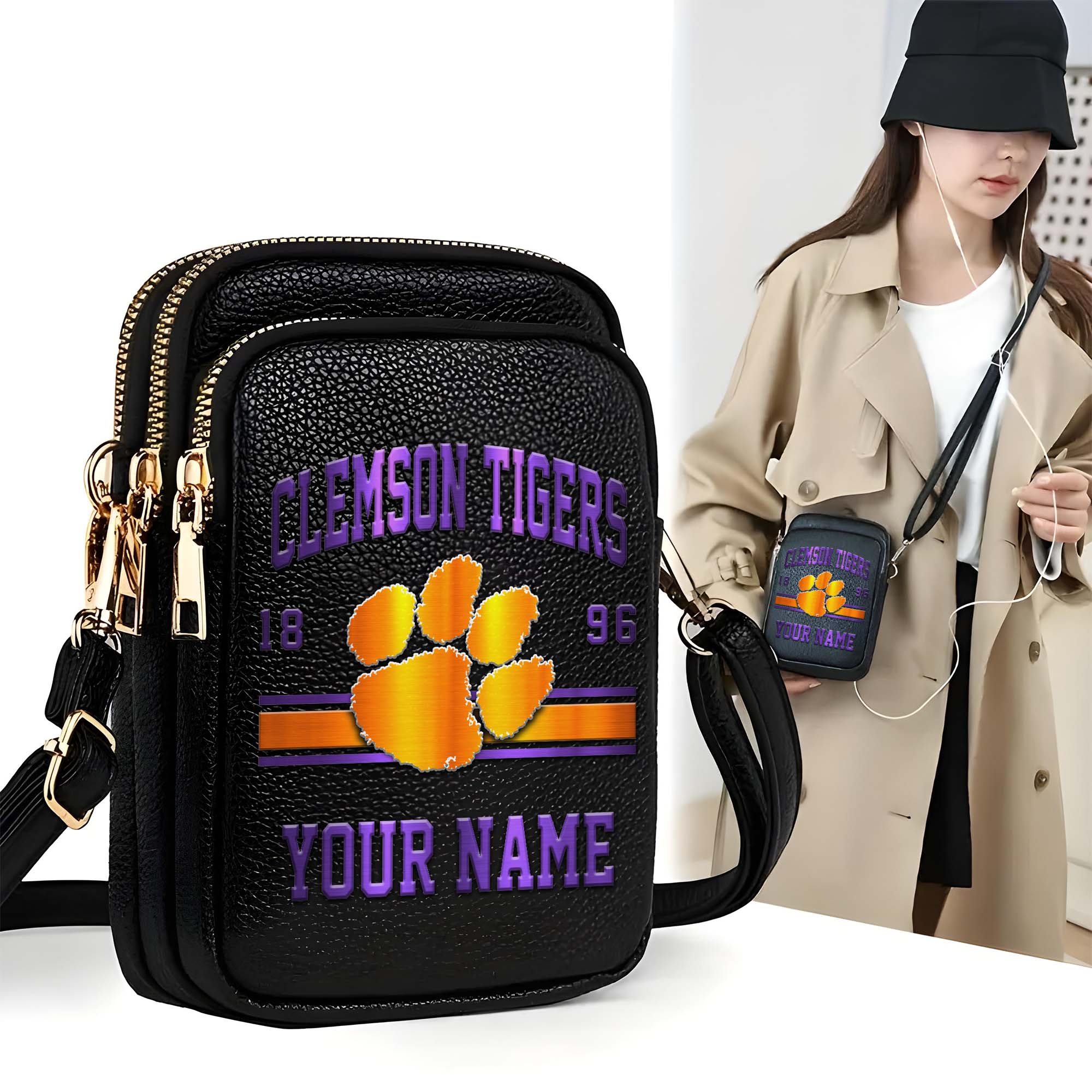 Clemson Tigers Customized Women's Mobile Phone Bag with Your Name, Leather Crossbody Bag, Fan Gifts EHIVM-0206714A