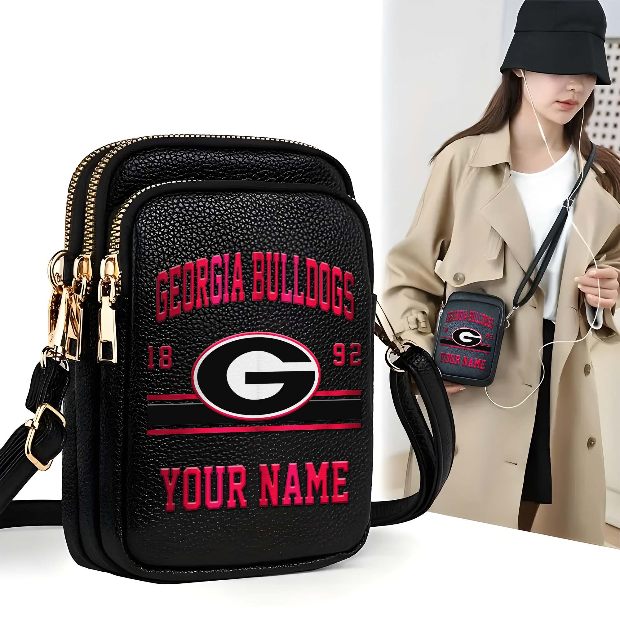 Georgia Bulldogs Customized Women's Mobile Phone Bag with Your Name, Leather Crossbody Bag, Fan Gifts EHIVM-0206714A