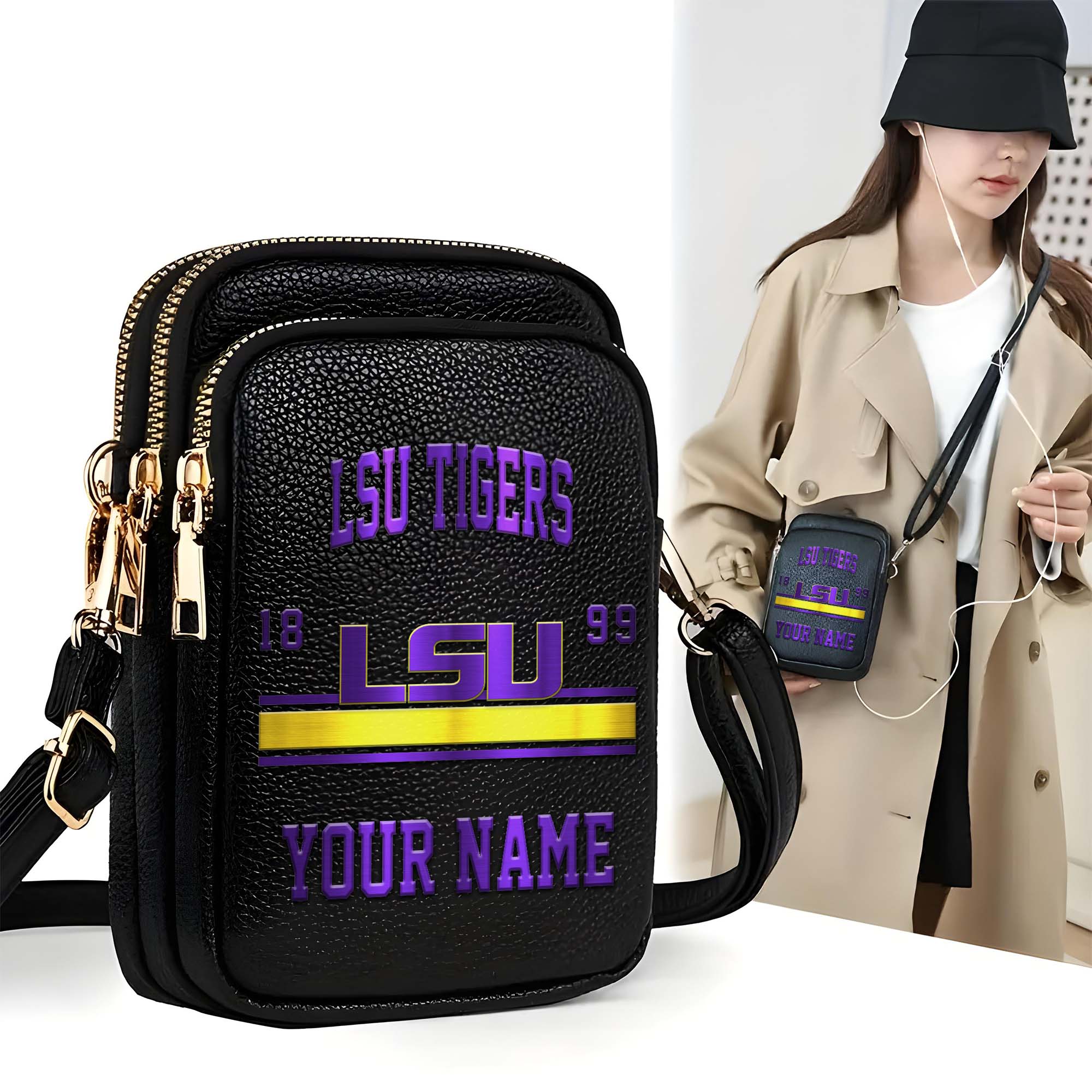 LSU TIGERS Customized Women's Mobile Phone Bag with Your Name, Leather Crossbody Bag, Fan Gifts EHIVM-0206714A