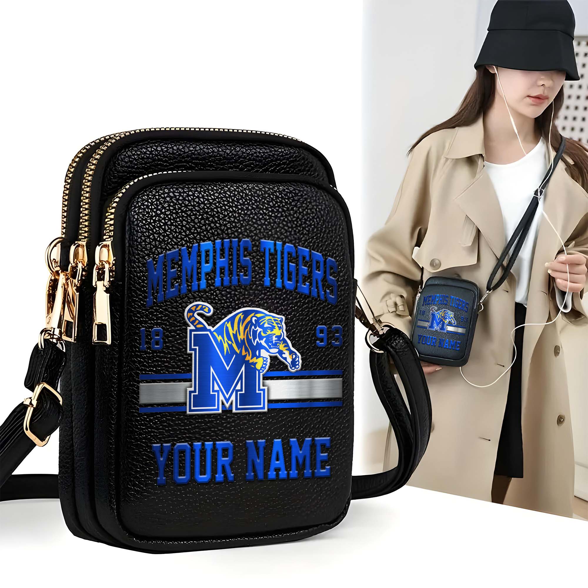 Memphis Tigers Customized Women's Mobile Phone Bag with Your Name, Leather Crossbody Bag, Fan Gifts EHIVM-0206714A