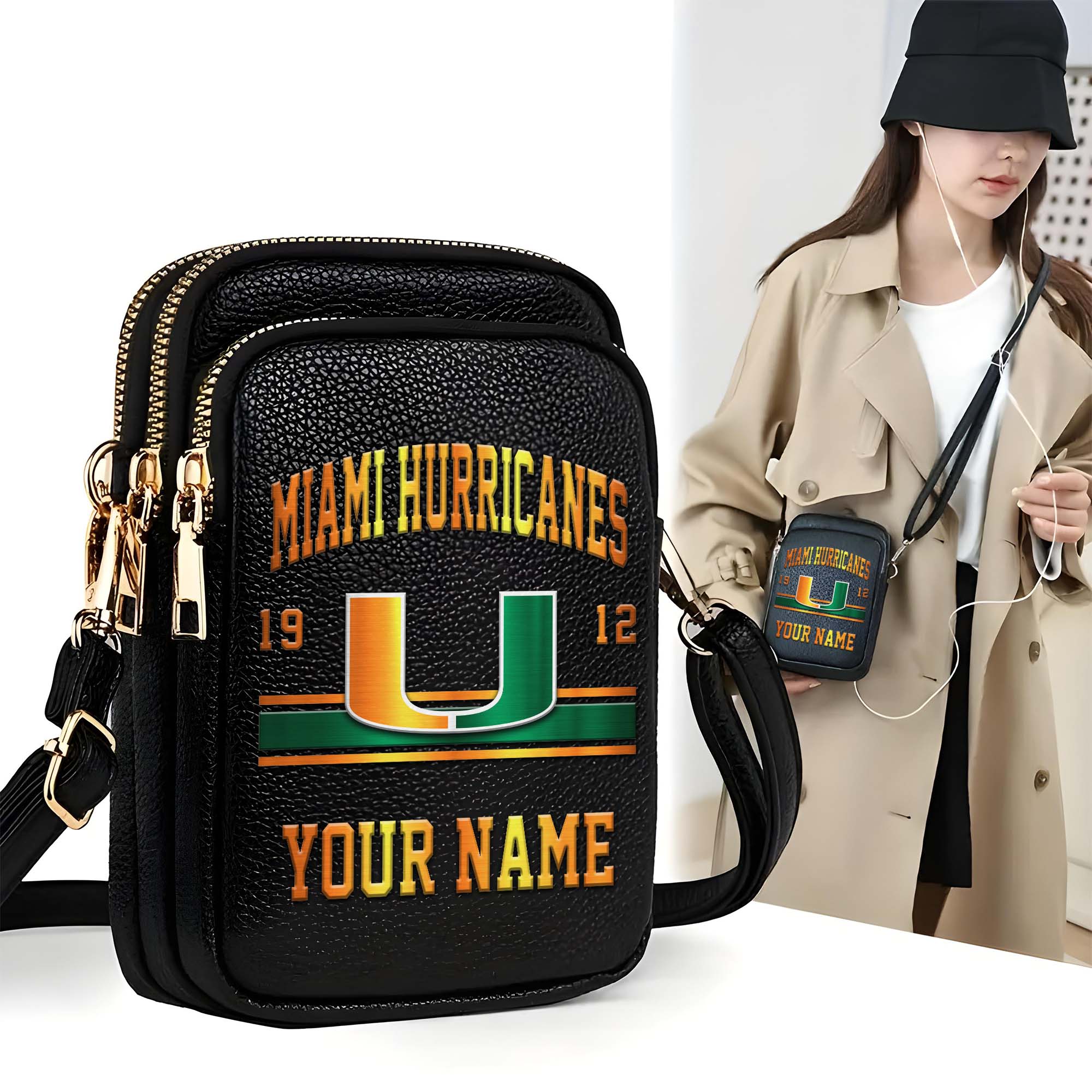 Miami Hurricanes Customized Women's Mobile Phone Bag with Your Name, Leather Crossbody Bag, Fan Gifts EHIVM-0206714A