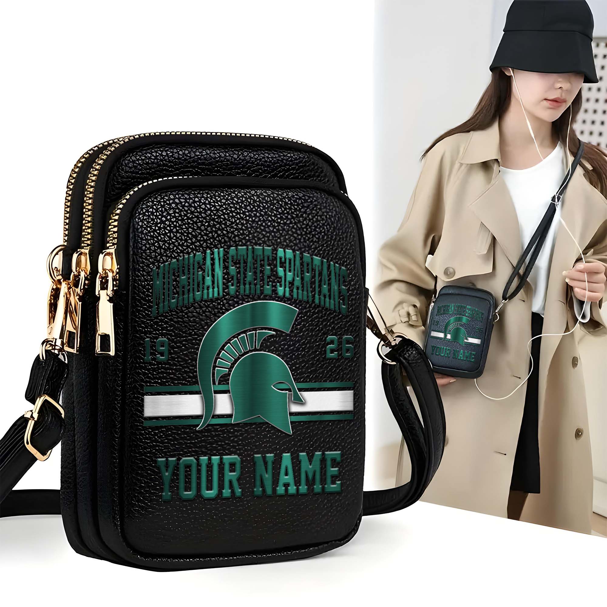 Michigan State Spartans Customized Women's Mobile Phone Bag with Your Name, Leather Crossbody Bag, Fan Gifts EHIVM-0206714A