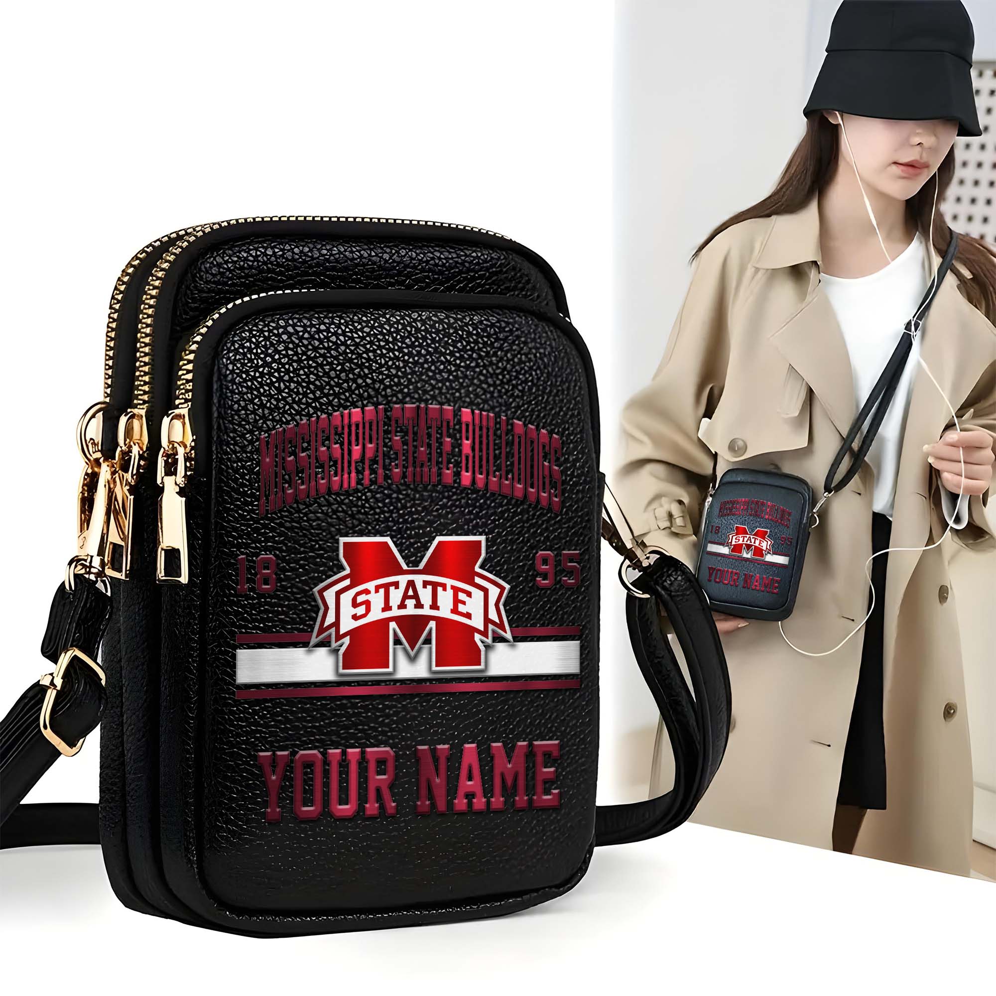Mississippi State Bulldogs Customized Women's Mobile Phone Bag with Your Name, Leather Crossbody Bag, Fan Gifts EHIVM-0206714A