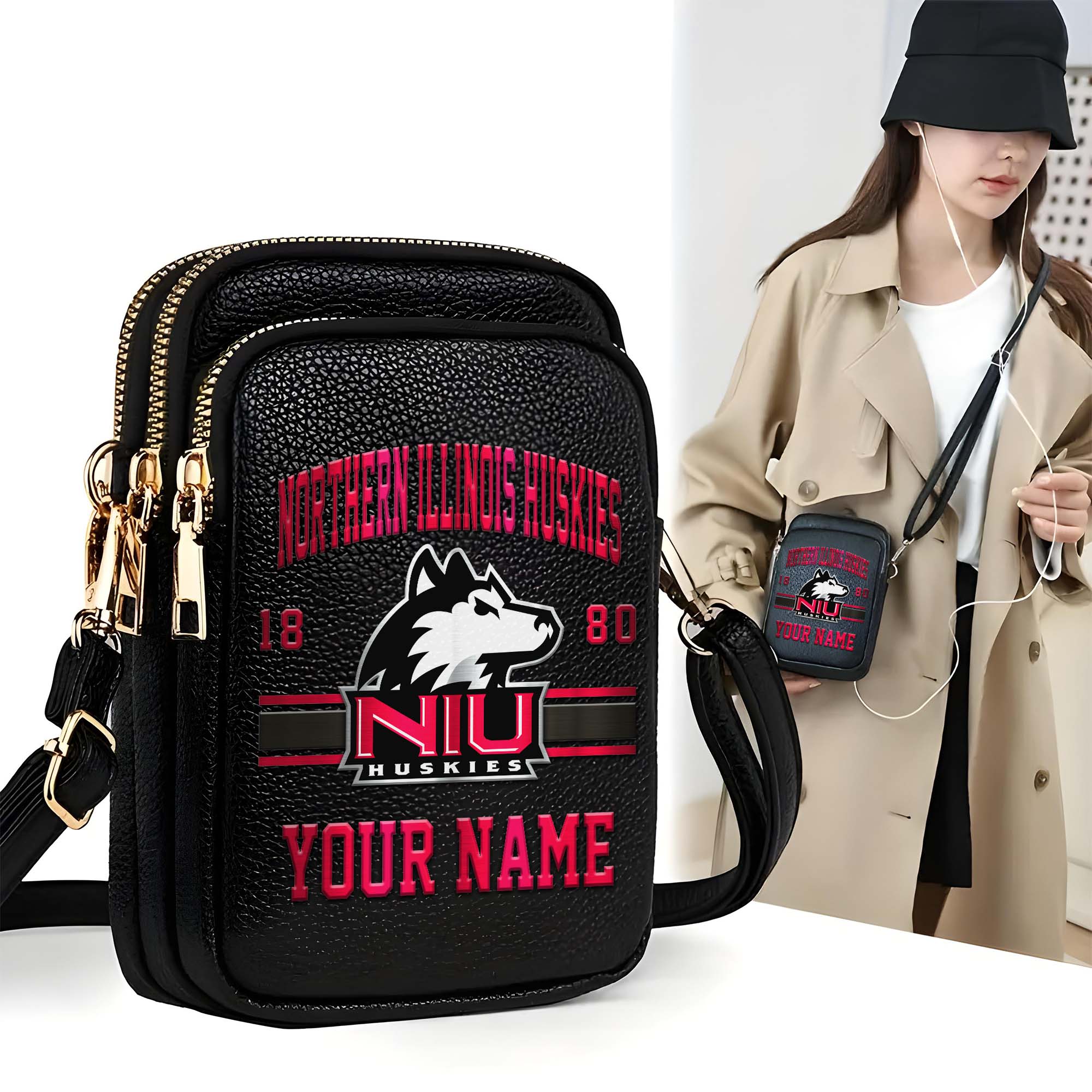Northern Illinois Huskies Customized Women's Mobile Phone Bag with Your Name, Leather Crossbody Bag, Fan Gifts EHIVM-0206714A