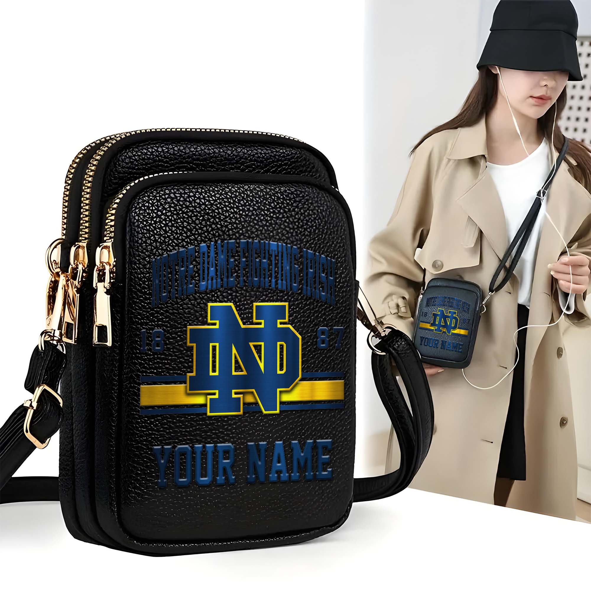 Notre Dame Fighting Irish Customized Women's Mobile Phone Bag with Your Name, Leather Crossbody Bag, Fan Gifts EHIVM-0206714A