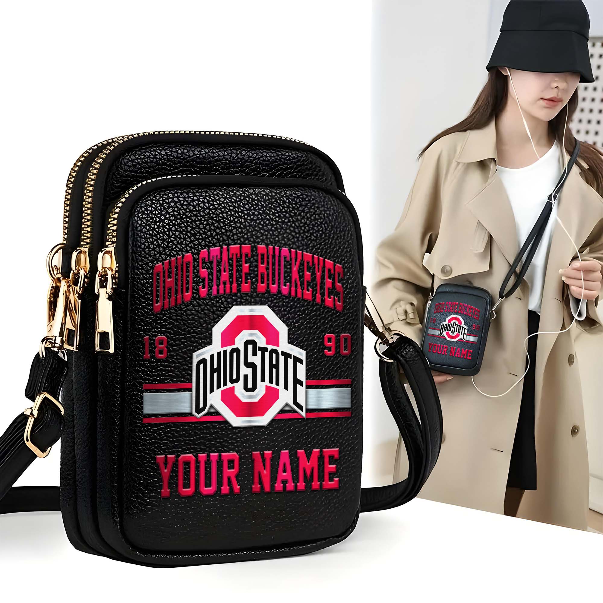 Ohio State Buckeyes Customized Women's Mobile Phone Bag with Your Name, Leather Crossbody Bag, Fan Gifts EHIVM-0206714A