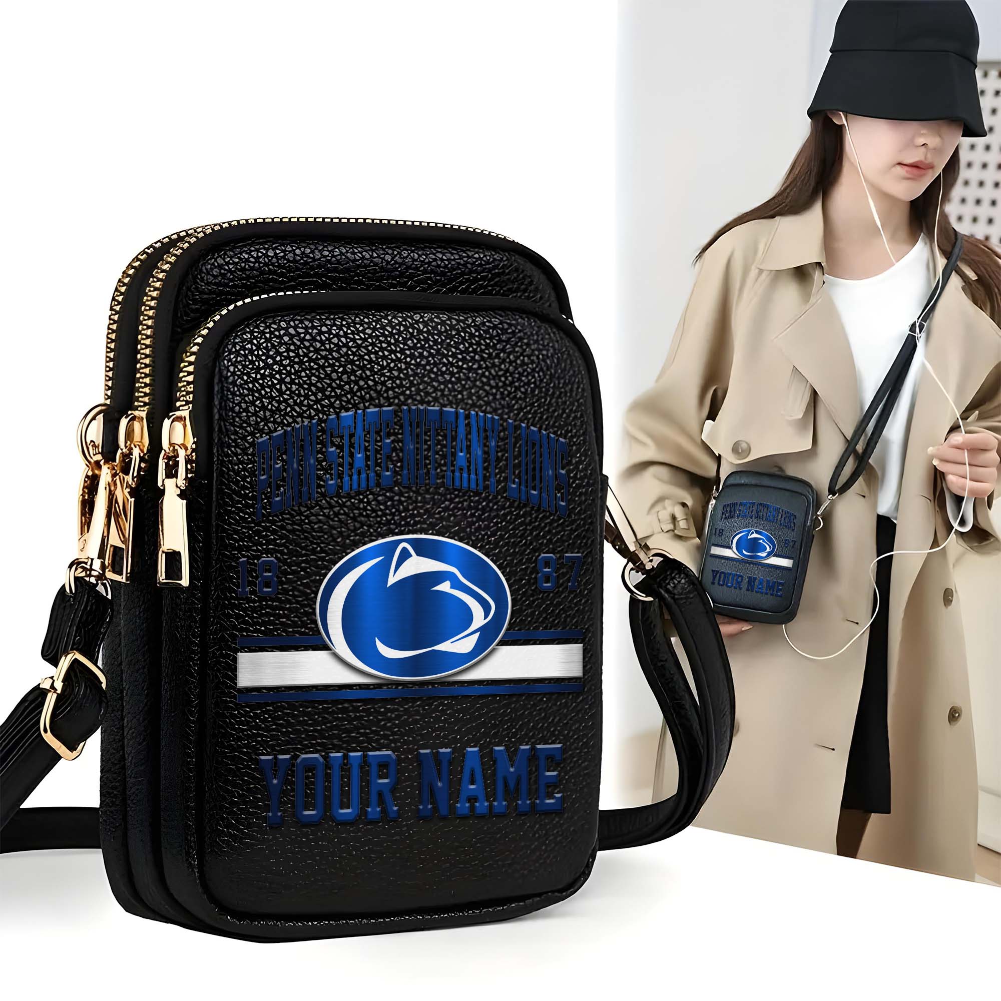 Penn State Nittany Lions Customized Women's Mobile Phone Bag with Your Name, Leather Crossbody Bag, Fan Gifts EHIVM-0206714A