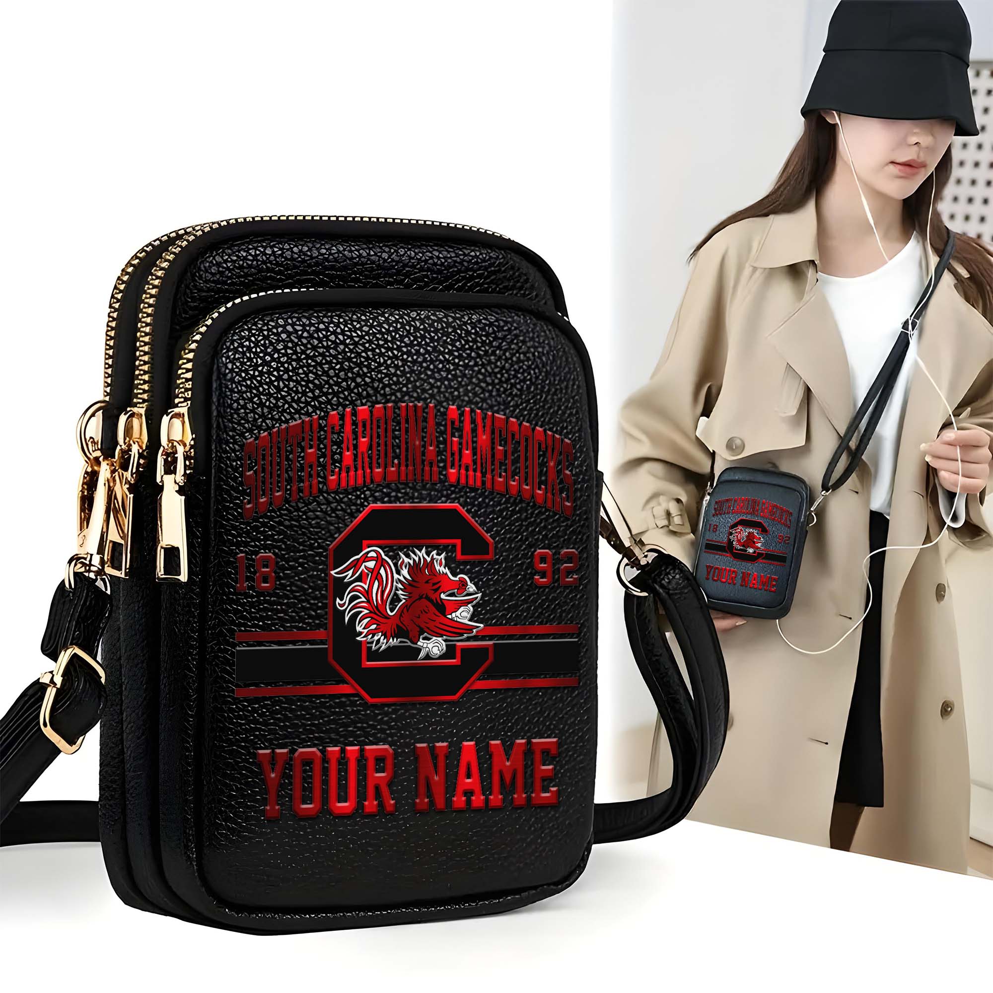 South Carolina Gamecocks Customized Women's Mobile Phone Bag with Your Name, Leather Crossbody Bag, Fan Gifts EHIVM-0206714A