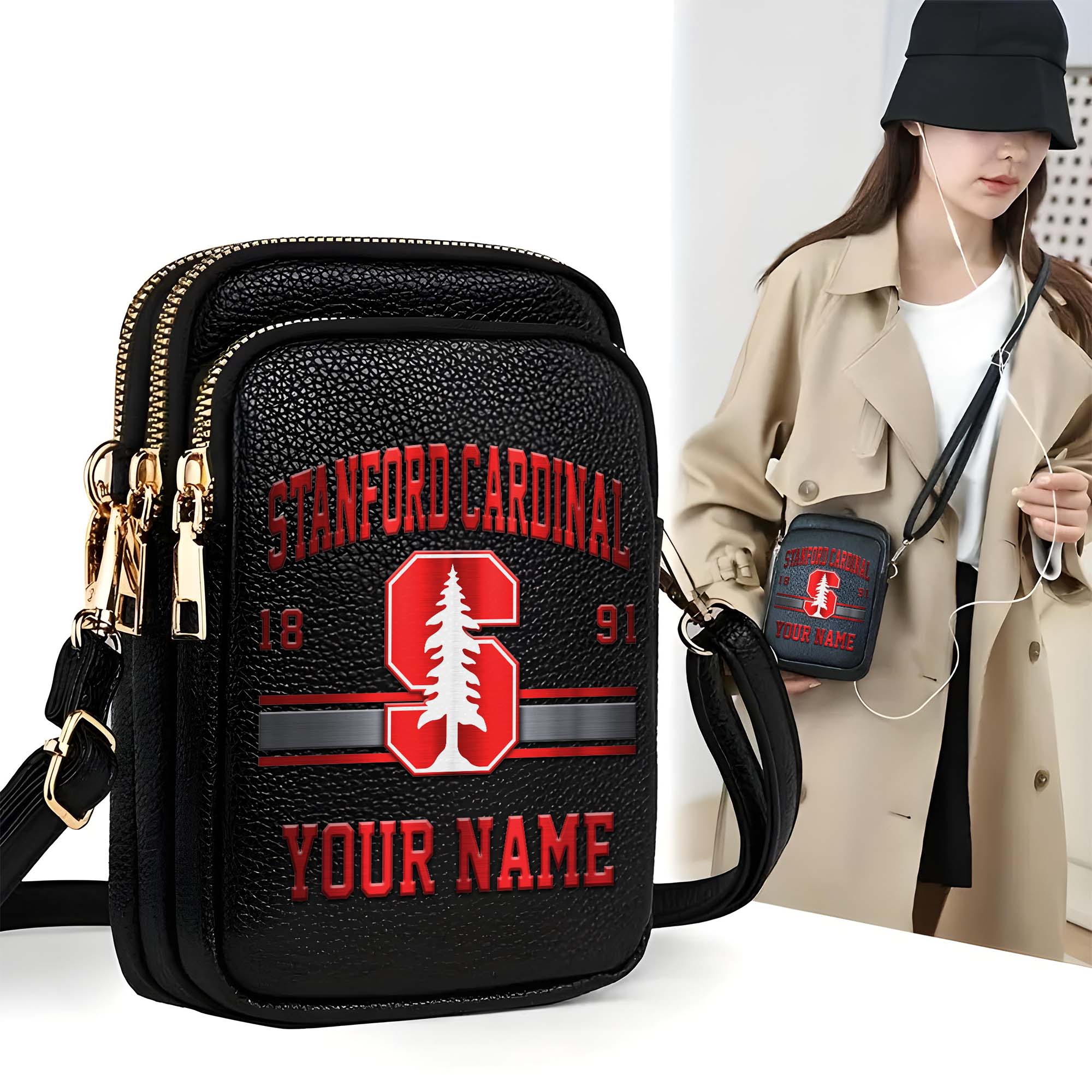 Stanford Cardinal Customized Women's Mobile Phone Bag with Your Name, Leather Crossbody Bag, Fan Gifts EHIVM-0206714A