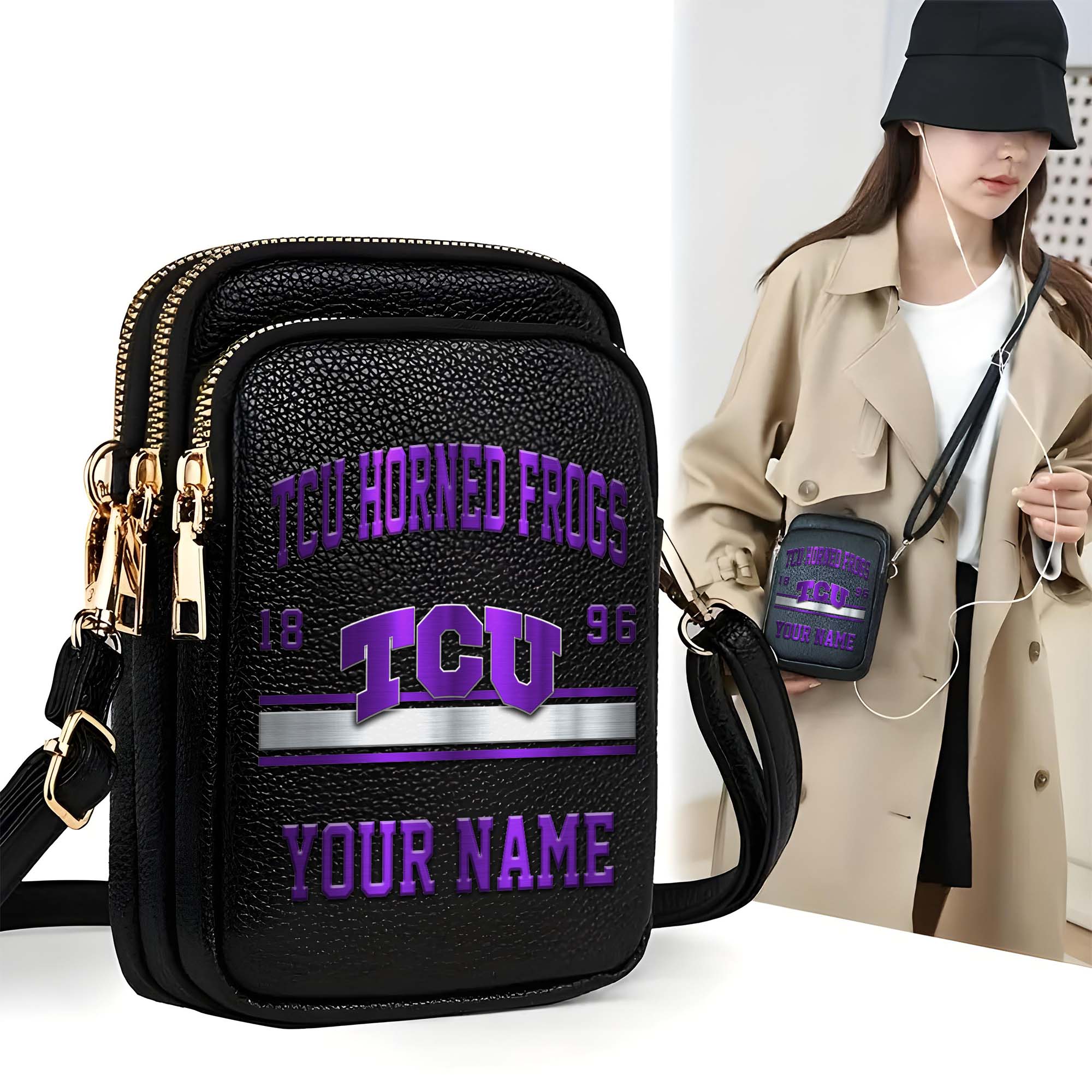 TCU Horned Frogs Customized Women's Mobile Phone Bag with Your Name, Leather Crossbody Bag, Fan Gifts EHIVM-0206714A