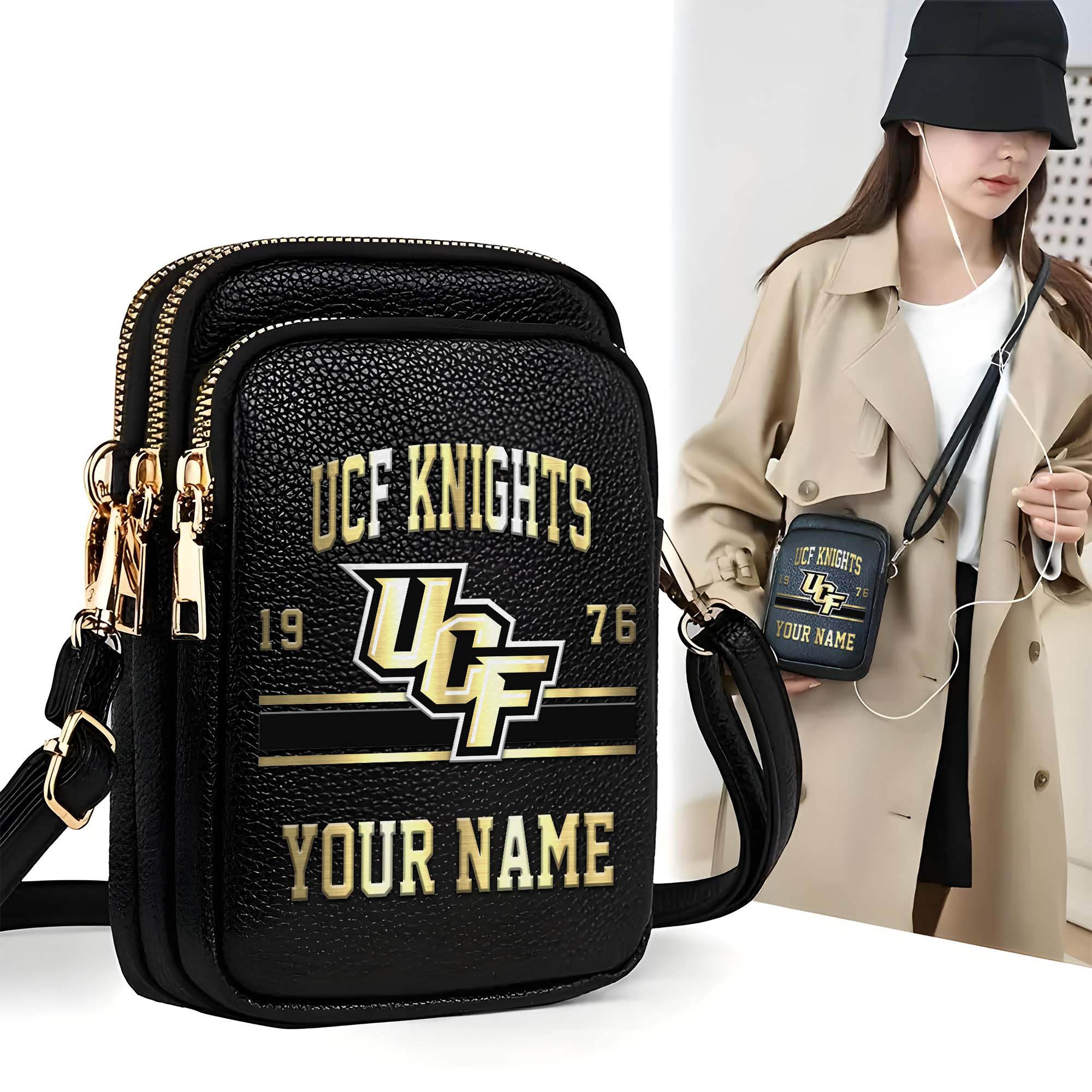 UCF Knights Customized Women's Mobile Phone Bag with Your Name, Leather Crossbody Bag, Fan Gifts EHIVM-0206714A