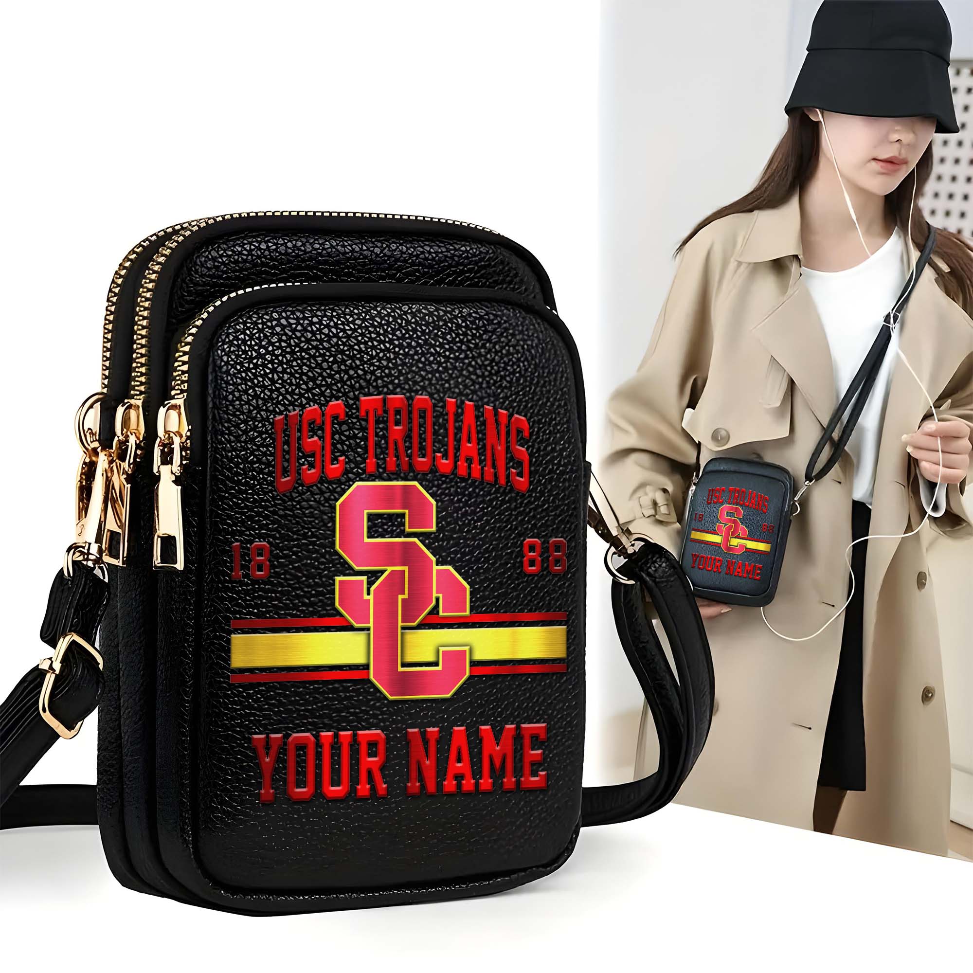 USC Trojans Customized Women's Mobile Phone Bag with Your Name, Leather Crossbody Bag, Fan Gifts EHIVM-0206714A