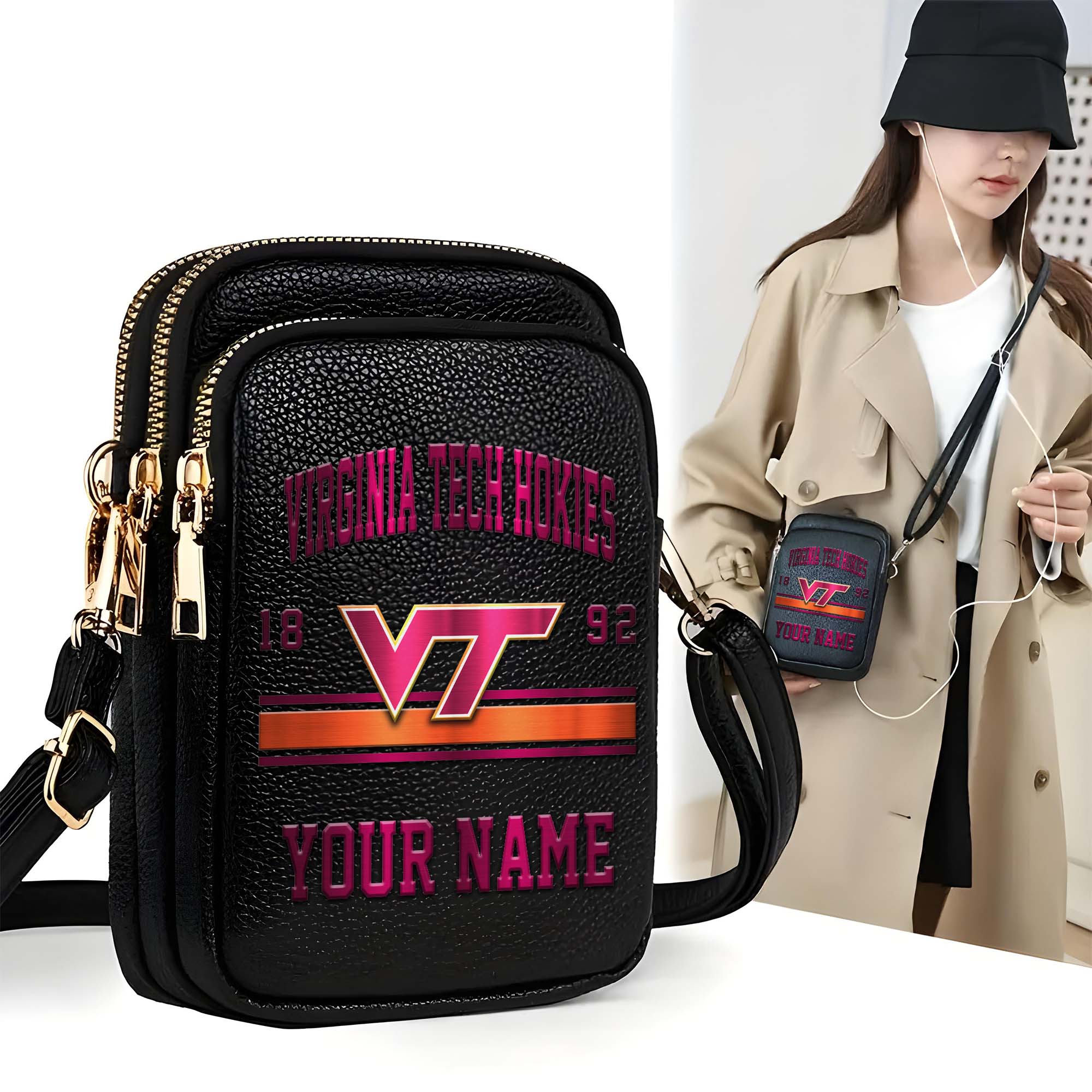 Virginia Tech Hokies Customized Women's Mobile Phone Bag with Your Name, Leather Crossbody Bag, Fan Gifts EHIVM-0206714A