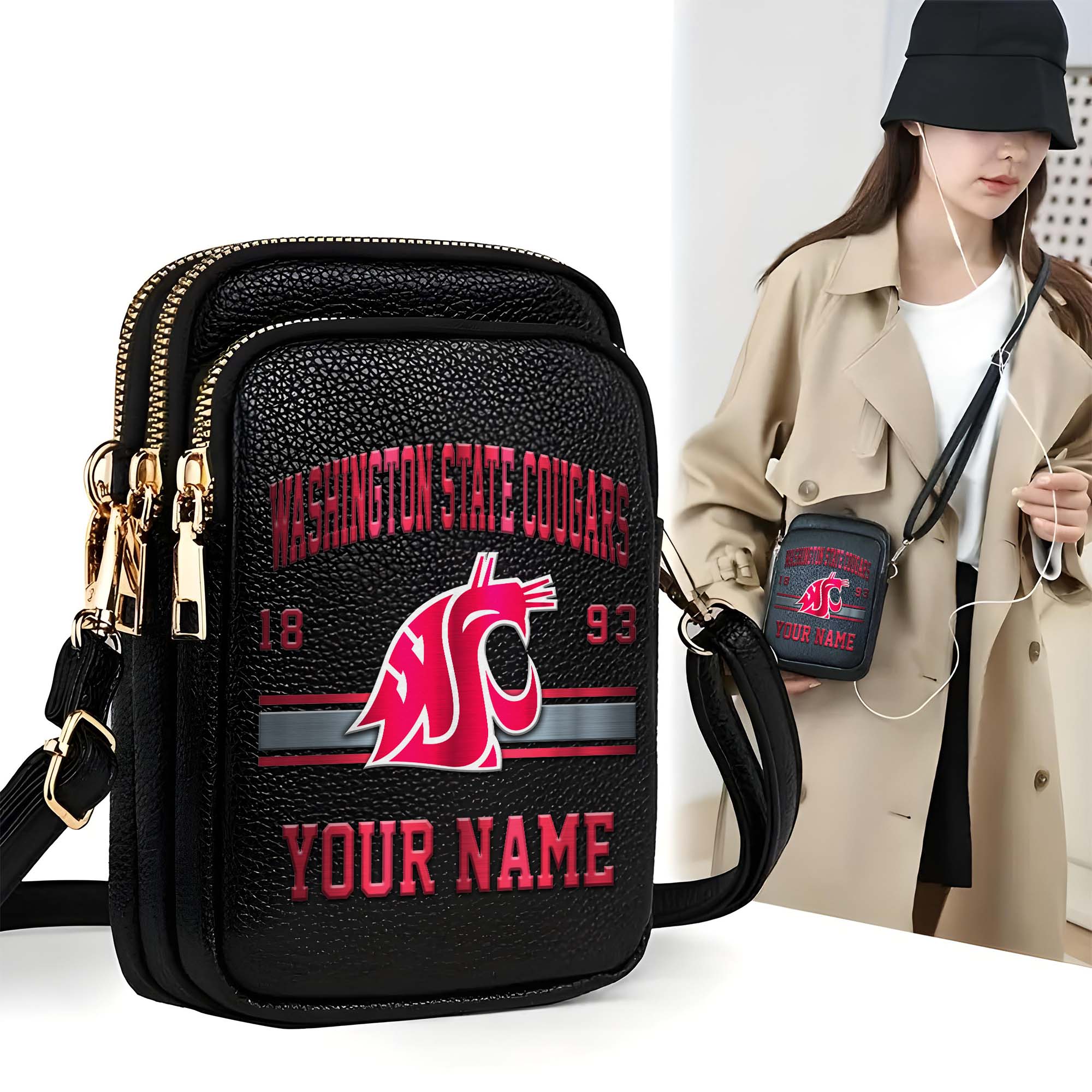 Washington State Cougars Customized Women's Mobile Phone Bag with Your Name, Leather Crossbody Bag, Fan Gifts EHIVM-0206714A