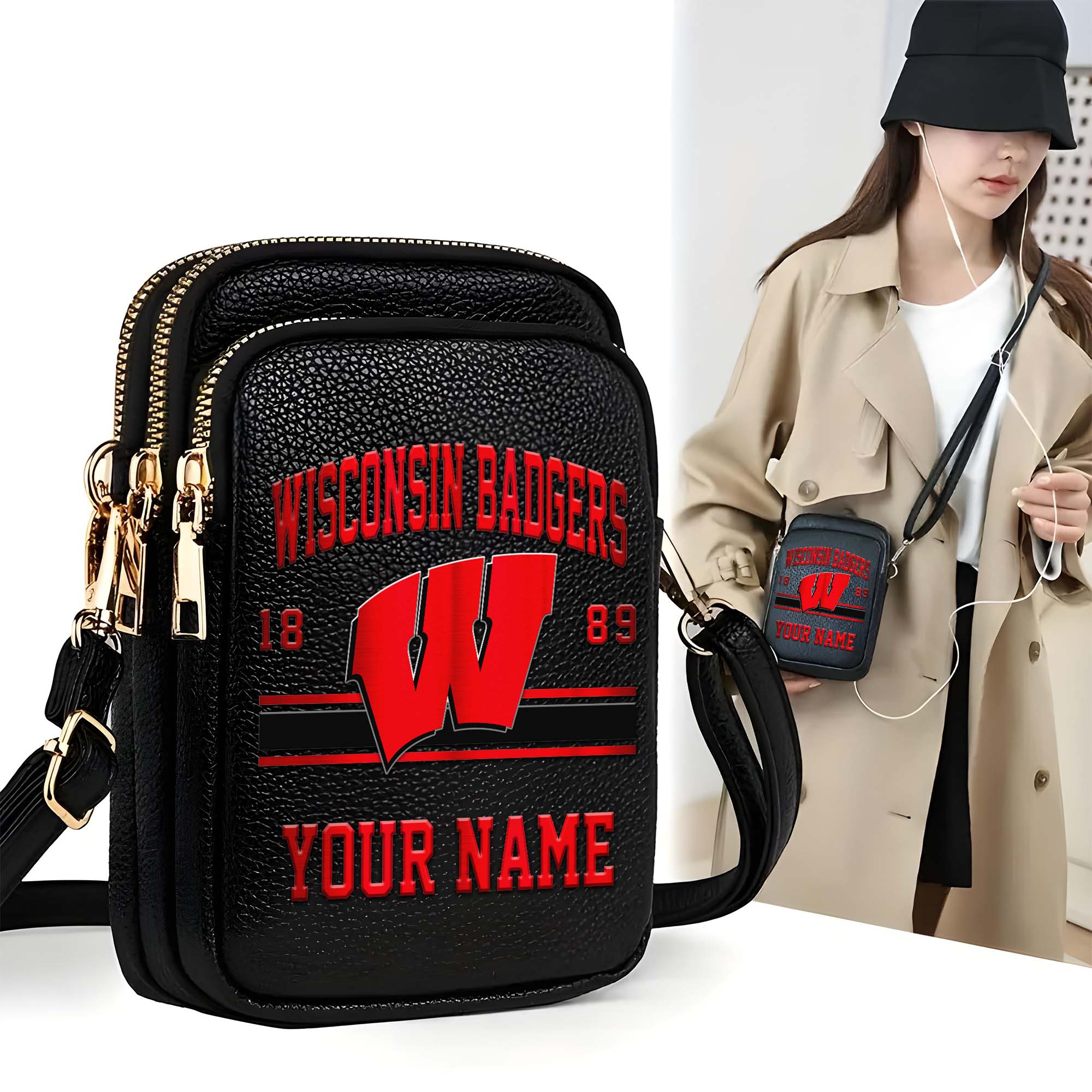 Wisconsin Badgers Customized Women's Mobile Phone Bag with Your Name, Leather Crossbody Bag, Fan Gifts EHIVM-0206714A