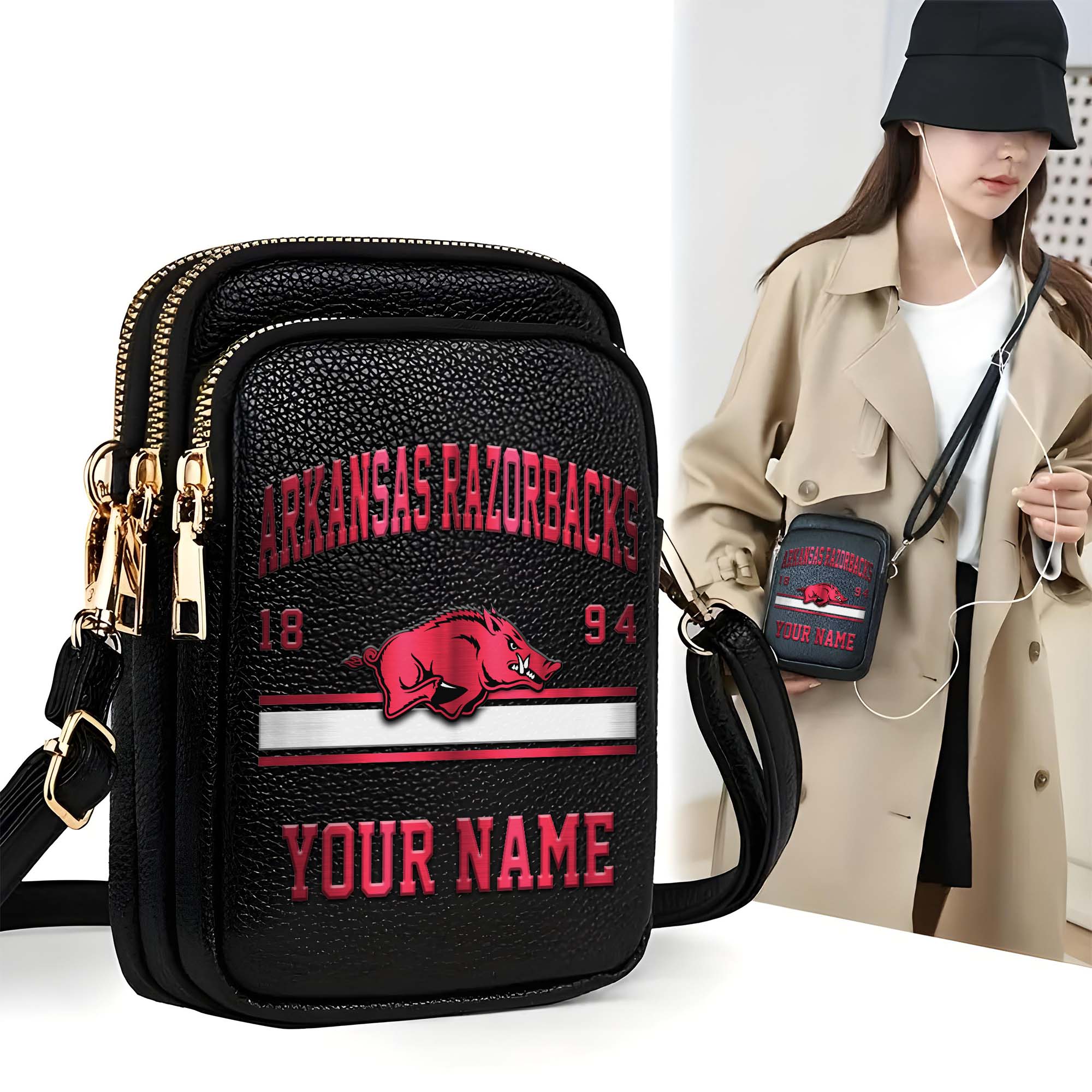 Arkansas Razorbacks Customized Women's Mobile Phone Bag with Your Name, Leather Crossbody Bag, Fan Gifts EHIVM-0206714A