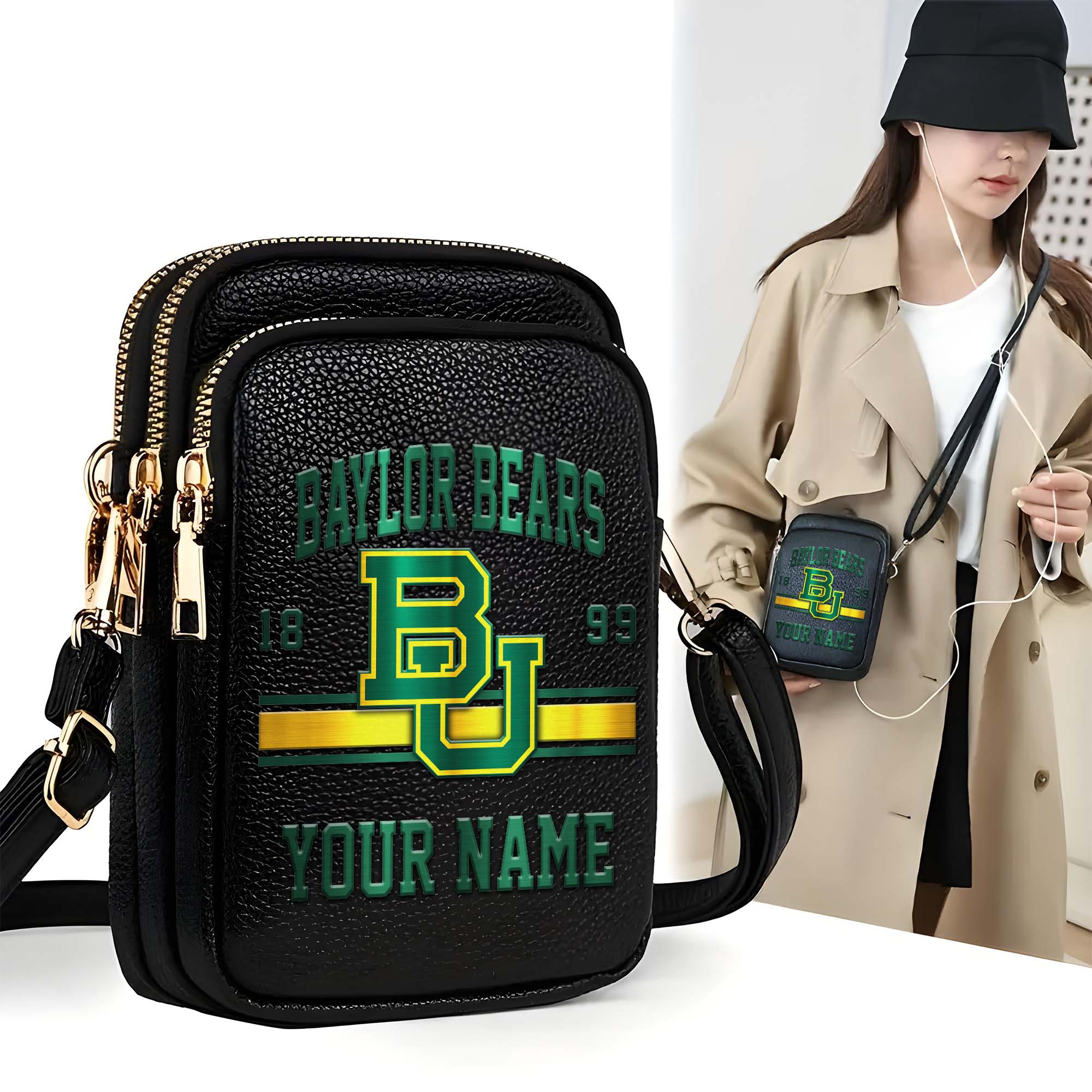 Baylor Bears Customized Women's Mobile Phone Bag with Your Name, Leather Crossbody Bag, Fan Gifts EHIVM-0206714A