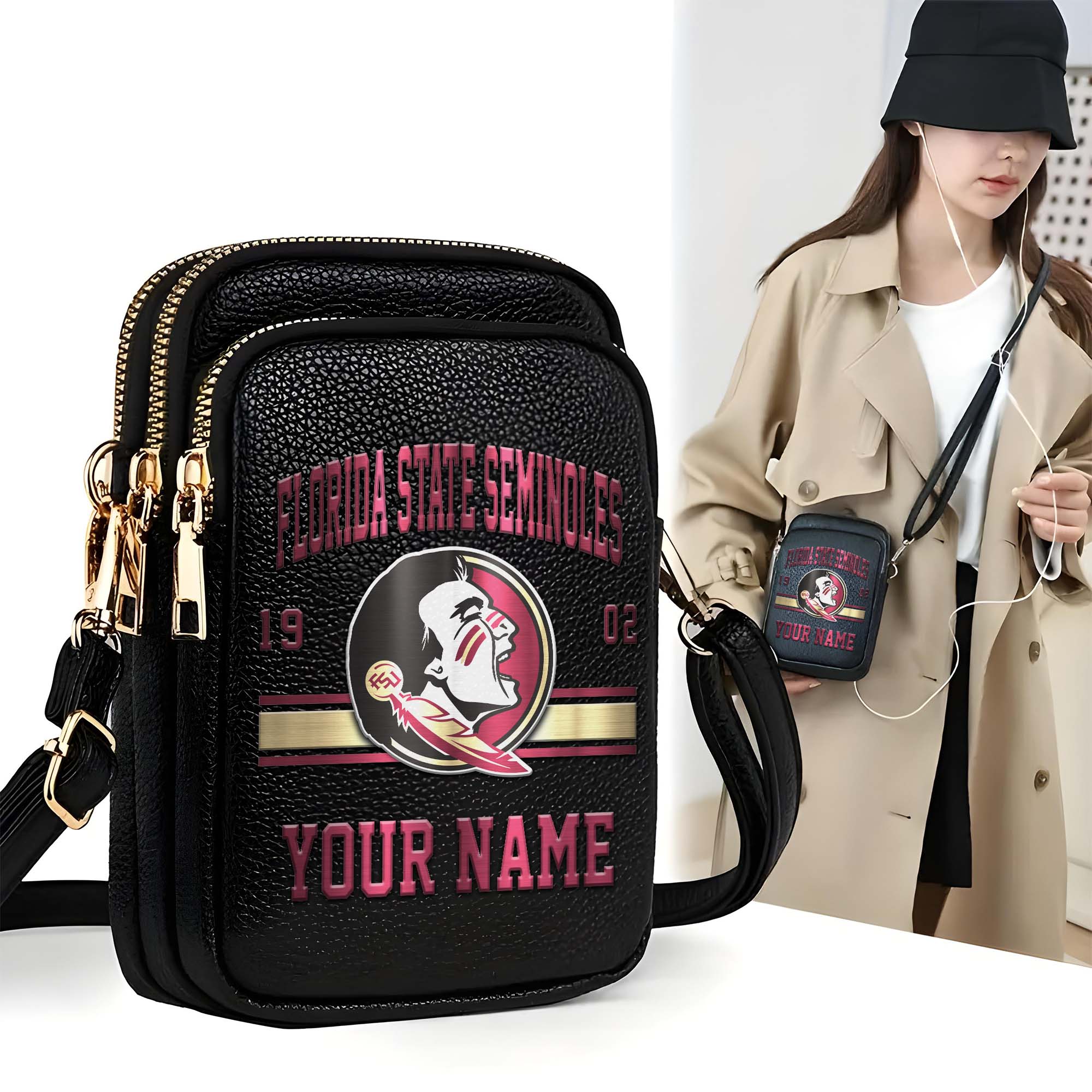 Florida State Seminoles Customized Women's Mobile Phone Bag with Your Name, Leather Crossbody Bag, Fan Gifts EHIVM-0206714